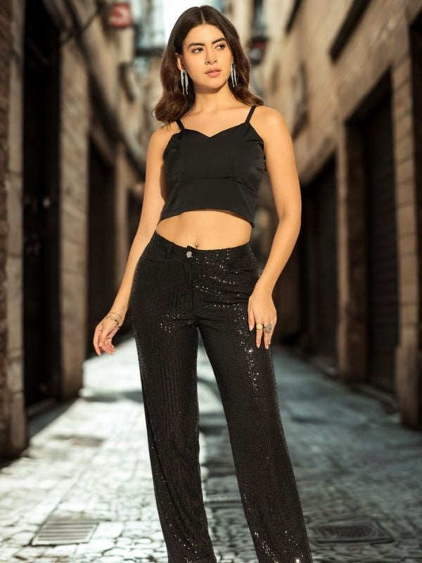 Women Textured Embellished Straight Fit High-Rise Wrinkle Free Trousers