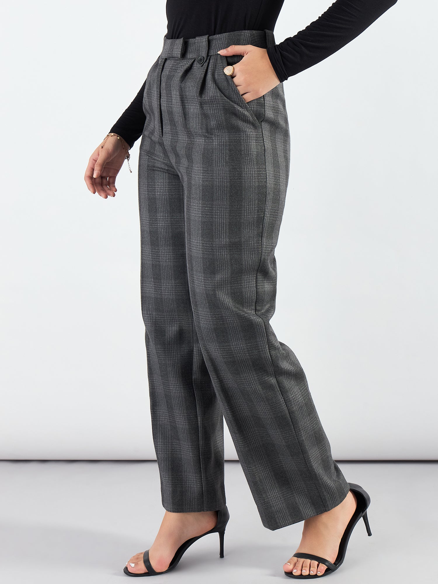 Women Checked Straight Fit High-Rise Wrinkle Free Pleated Trousers