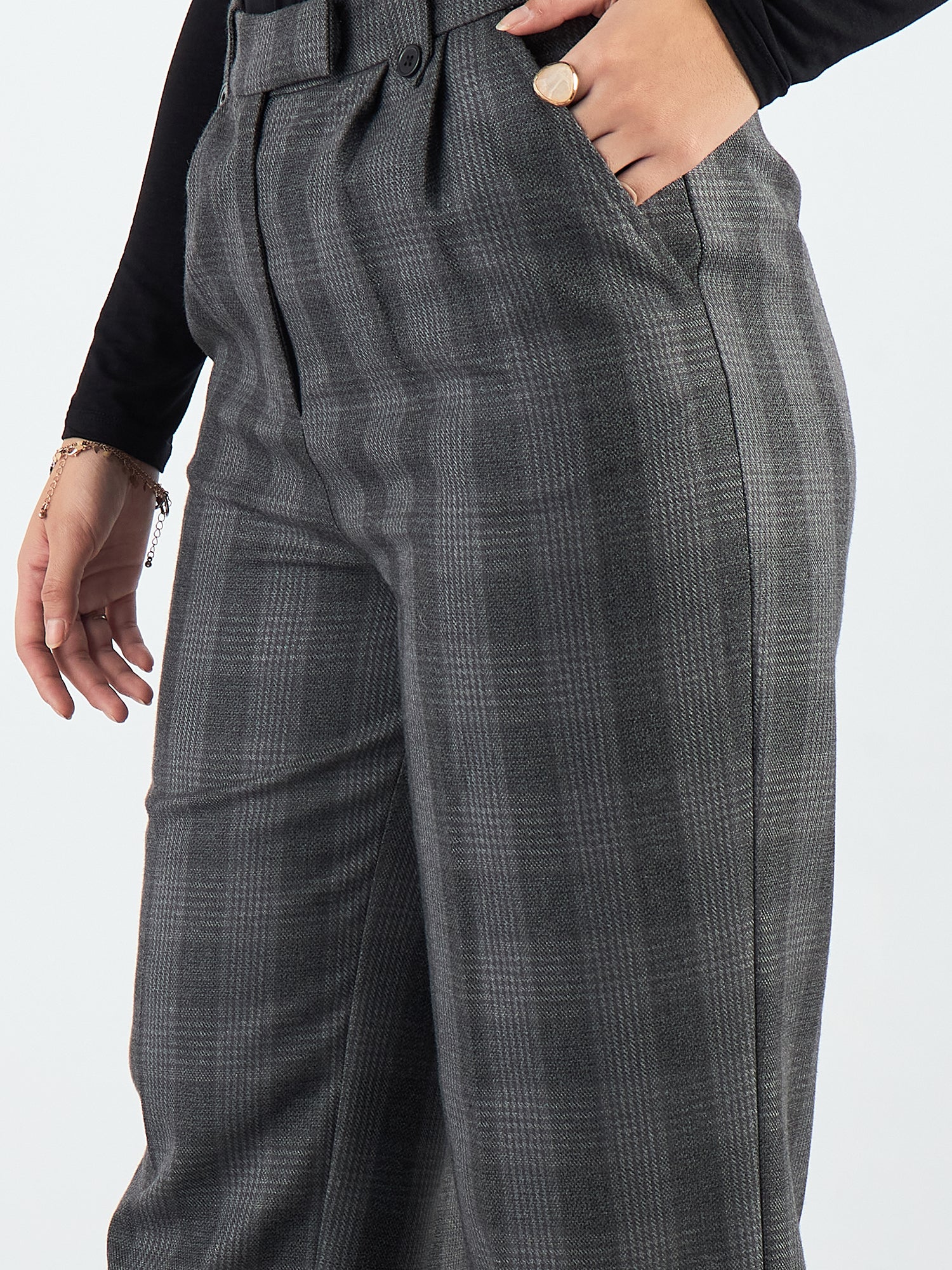 Women Checked Straight Fit High-Rise Wrinkle Free Pleated Trousers