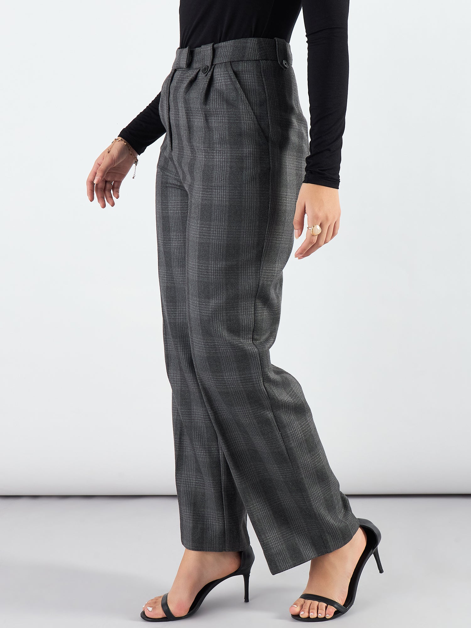 Women Checked Straight Fit High-Rise Wrinkle Free Pleated Trousers