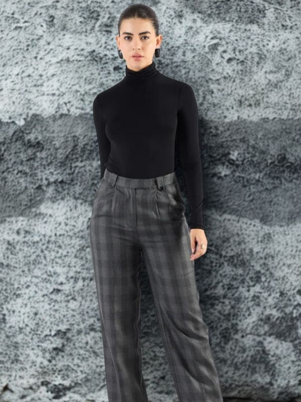 Women Checked Straight Fit High-Rise Wrinkle Free Pleated Trousers