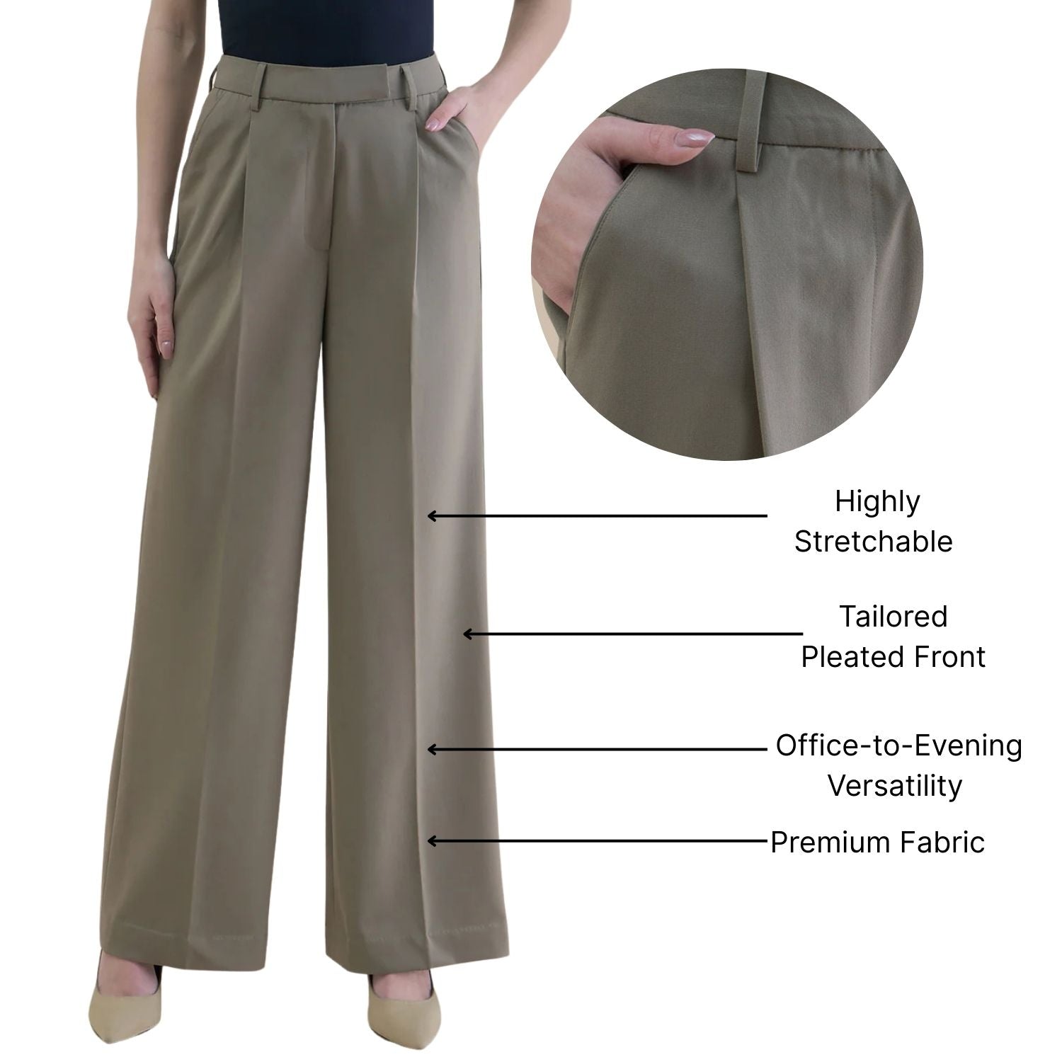 Women High-Waist Pleated Straight Leg Relaxed 4-Way Stretchable Fit Trouser