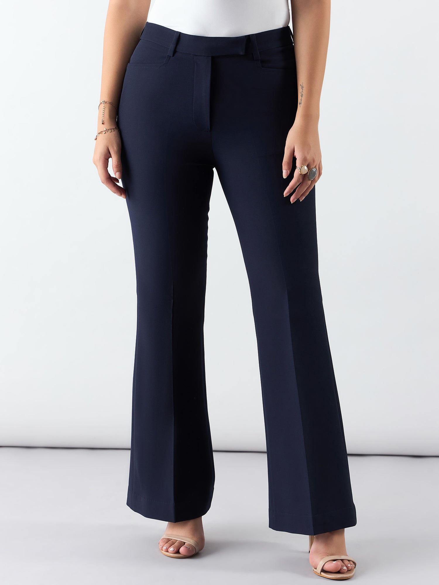 Women Flared High-Rise Wrinkle Free Trousers