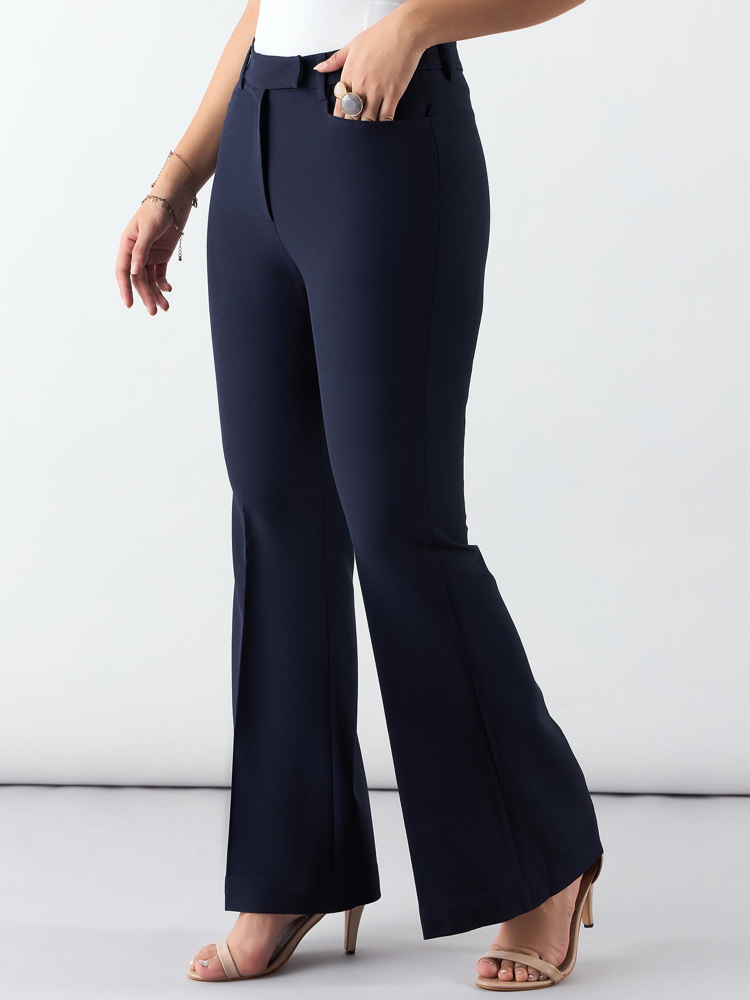 Women Navy Blue Flared High-Rise Wrinkle Free Trousers