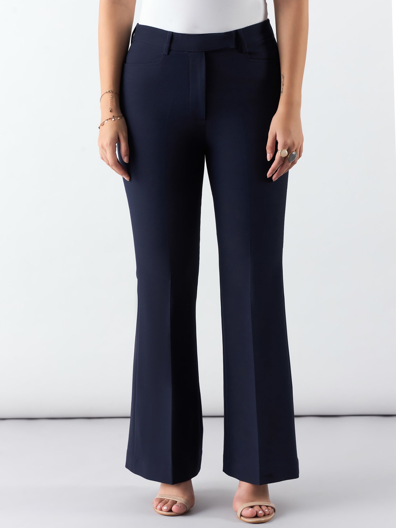 Women Flared High-Rise Wrinkle Free Trousers
