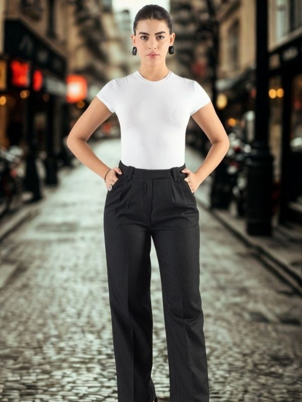 Women Striped Straight Fit High-Rise Wrinkle Free Pleated Trousers