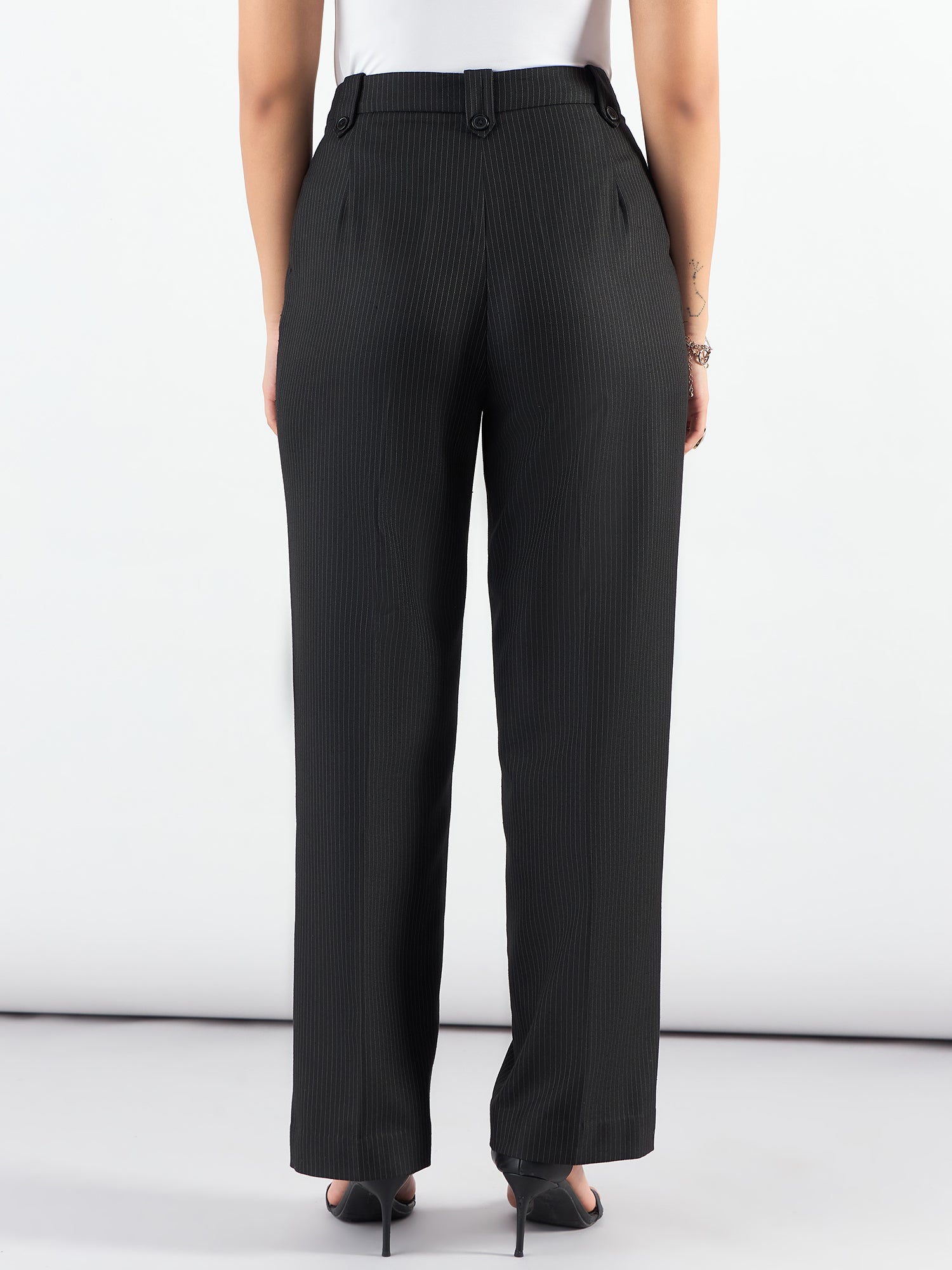 Women Striped Straight Fit High-Rise Wrinkle Free Pleated Trousers