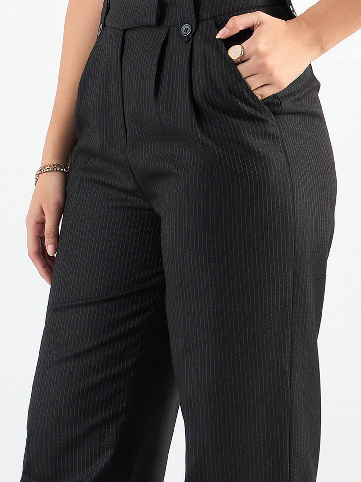 Women Striped Straight Fit High-Rise Wrinkle Free Pleated Trousers