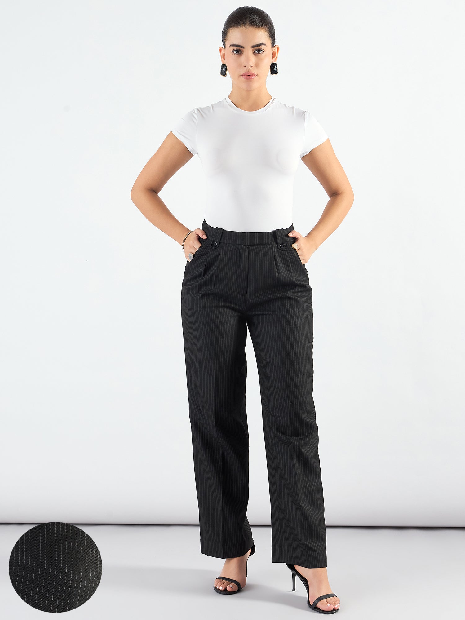 Women Striped Straight Fit High-Rise Wrinkle Free Pleated Trousers