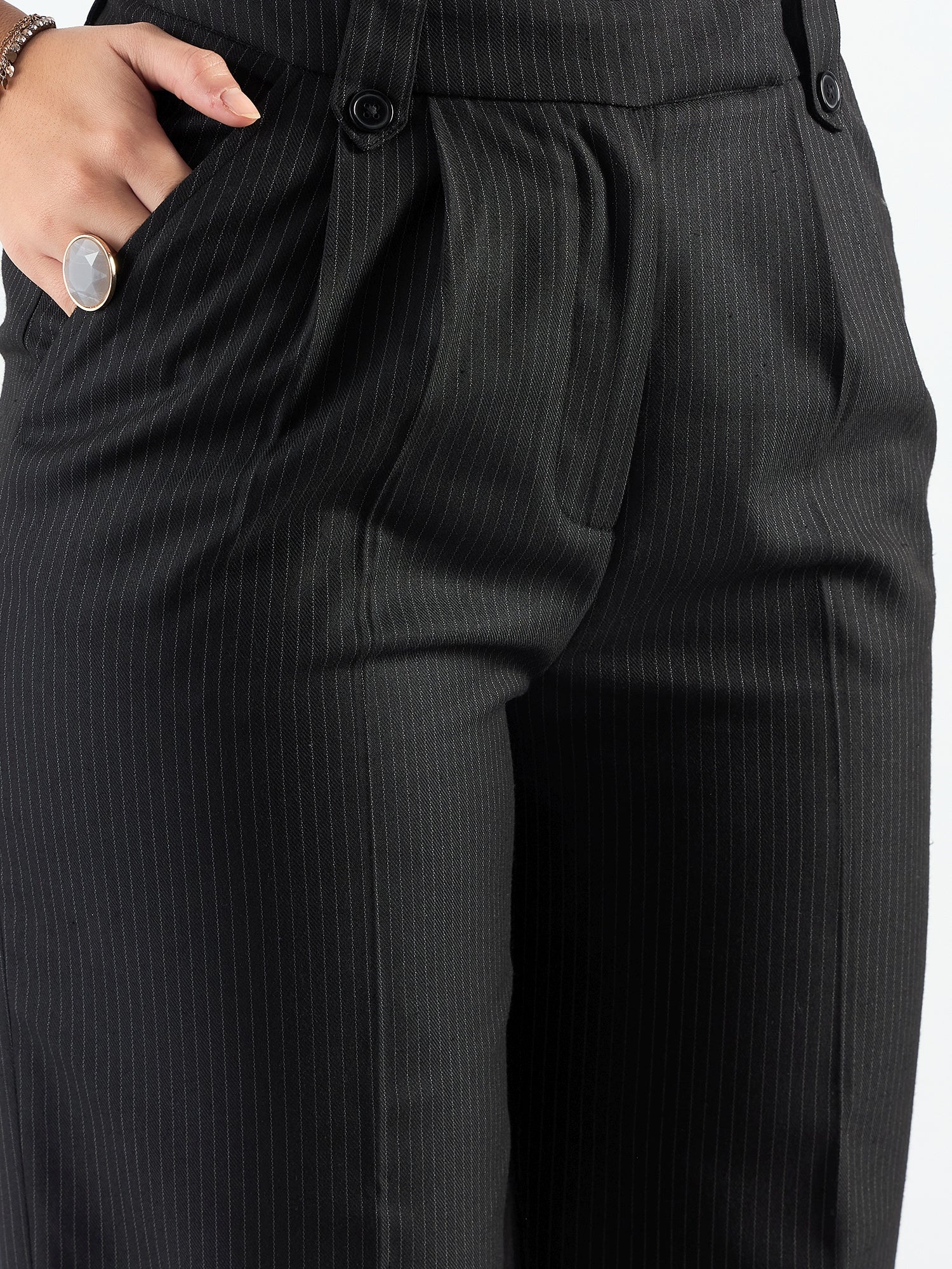 Women Striped Straight Fit High-Rise Wrinkle Free Pleated Trousers