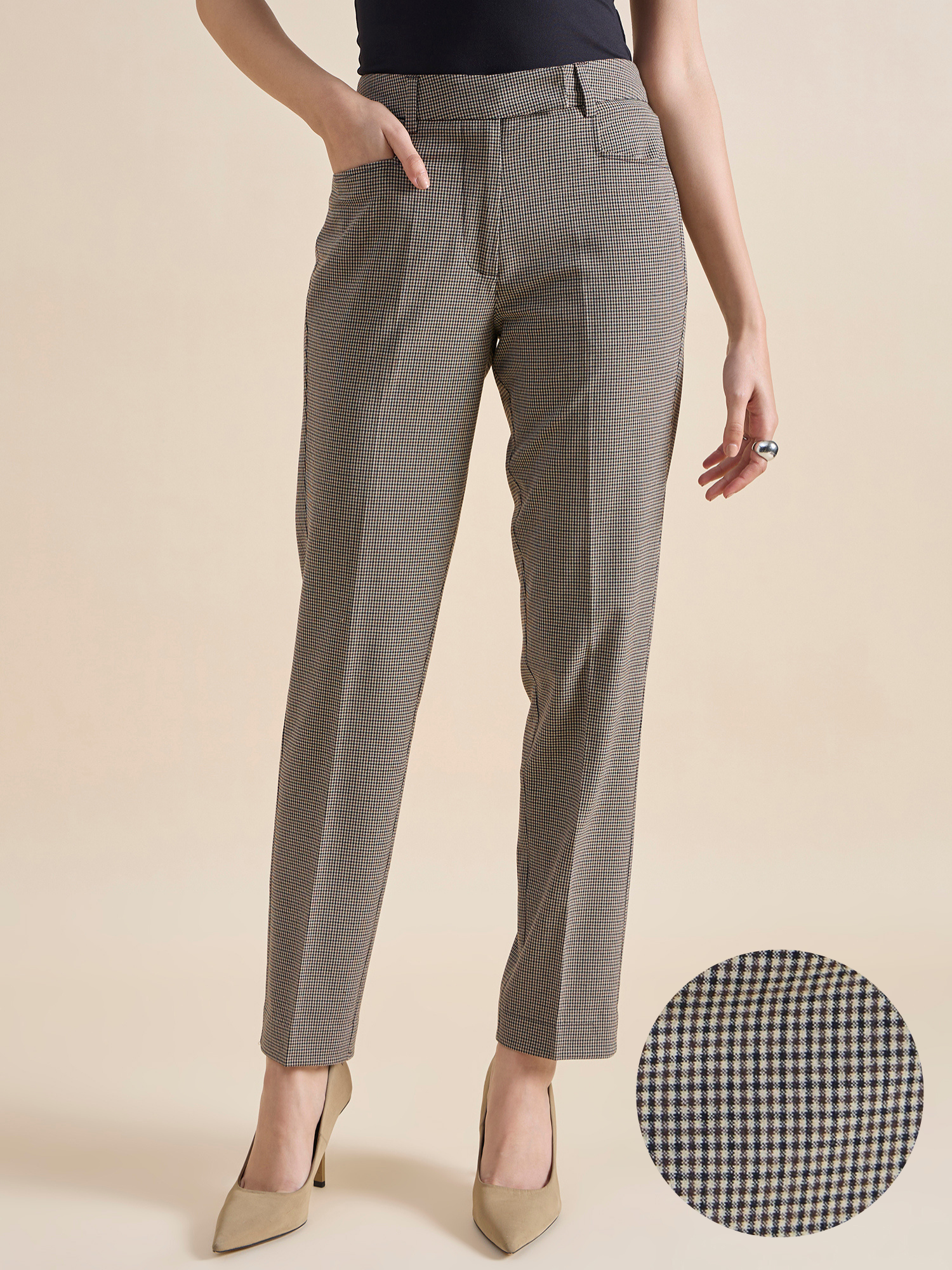 Women Checked High-Rise Slim Fit Easy Wash Formal Trousers