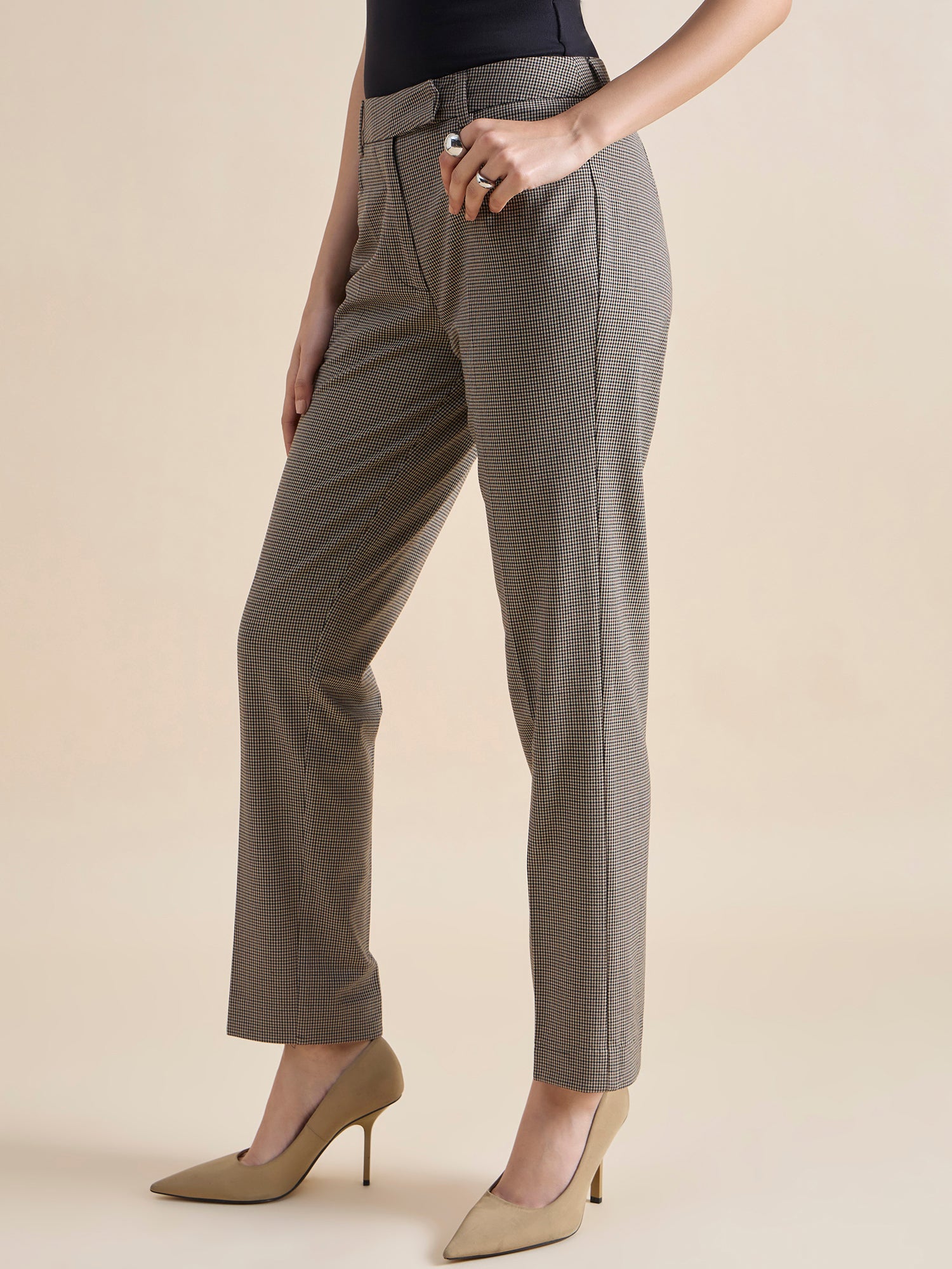 Women Checked High-Rise Slim Fit Easy Wash Formal Trousers