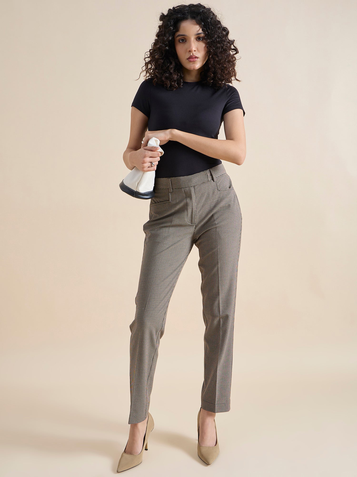 Women Checked High-Rise Slim Fit Easy Wash Formal Trousers