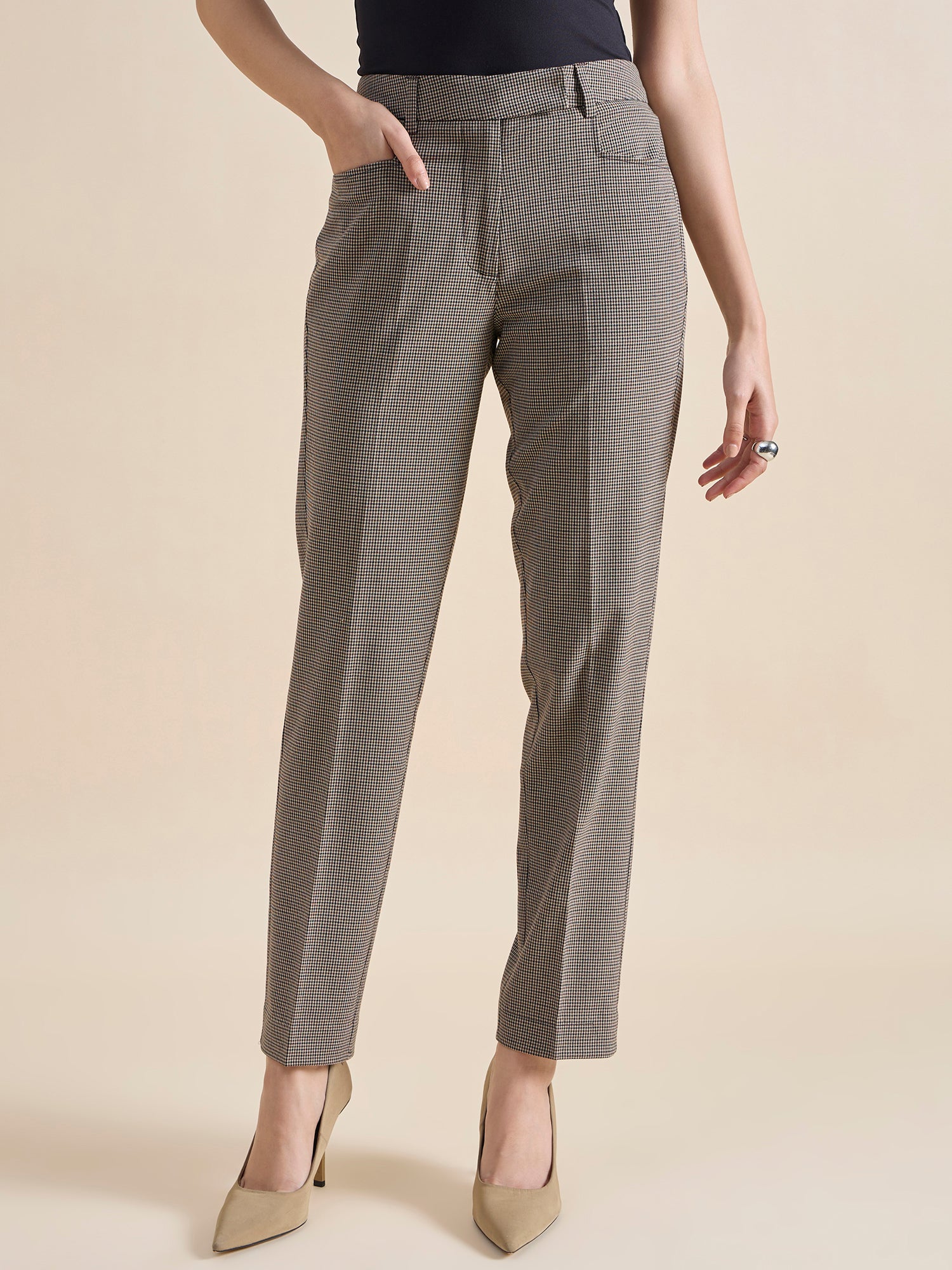 Women Checked High-Rise Slim Fit Easy Wash Formal Trousers