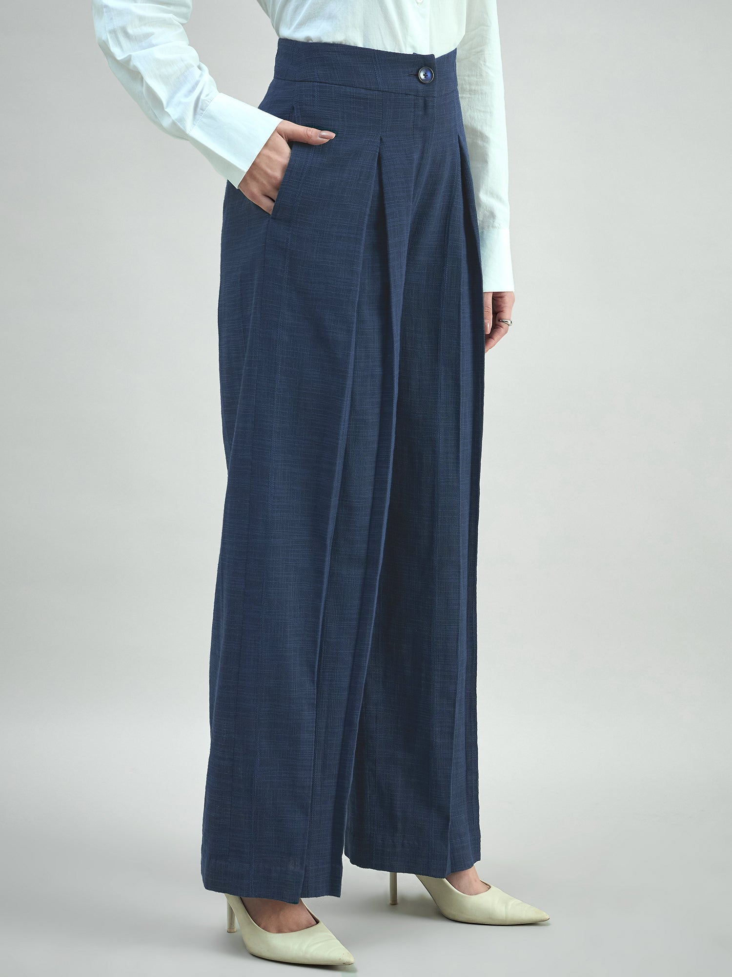 Women Blue High-Rise Pleated Trousers