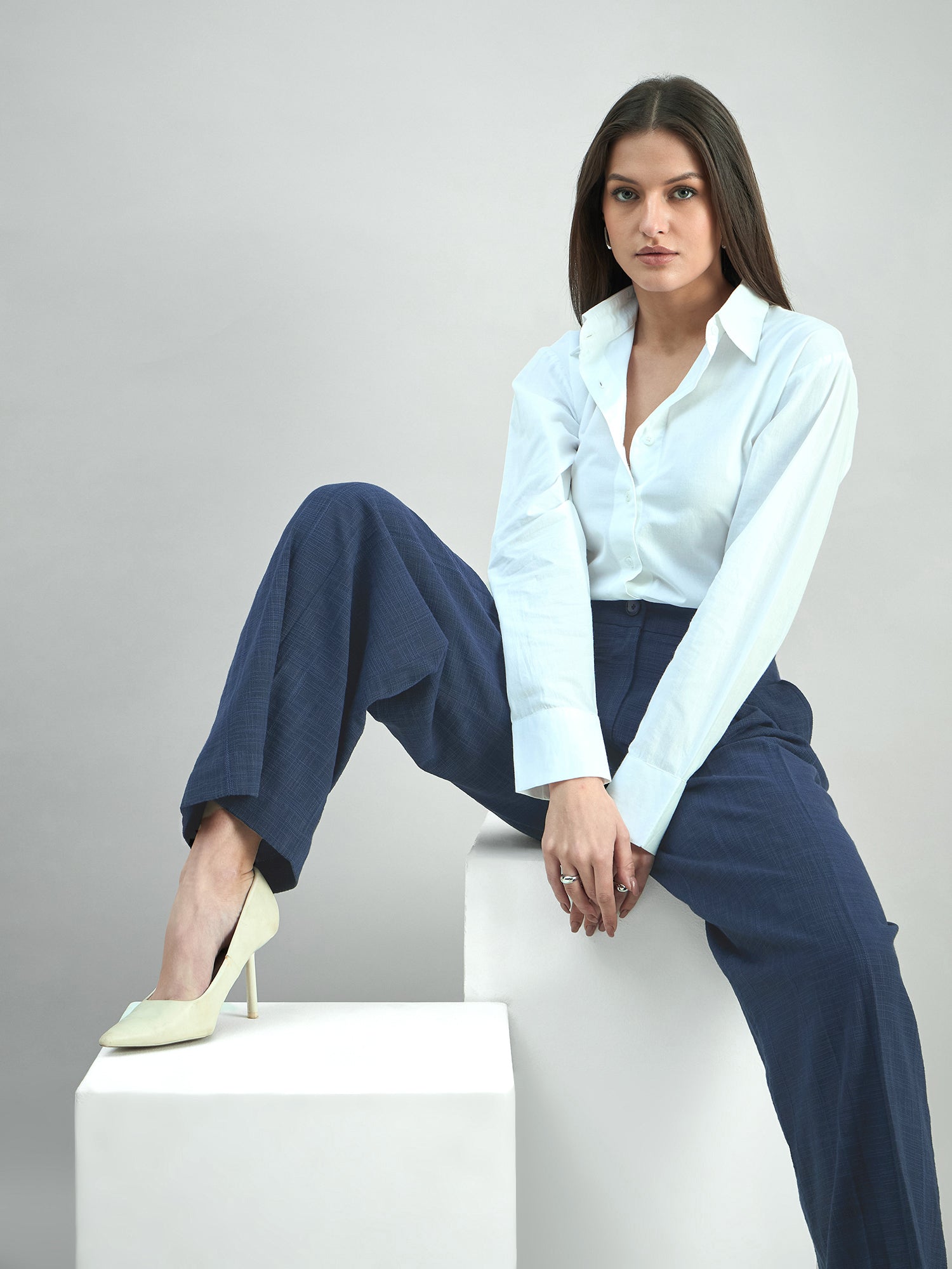 Women Blue High-Rise Pleated Trousers