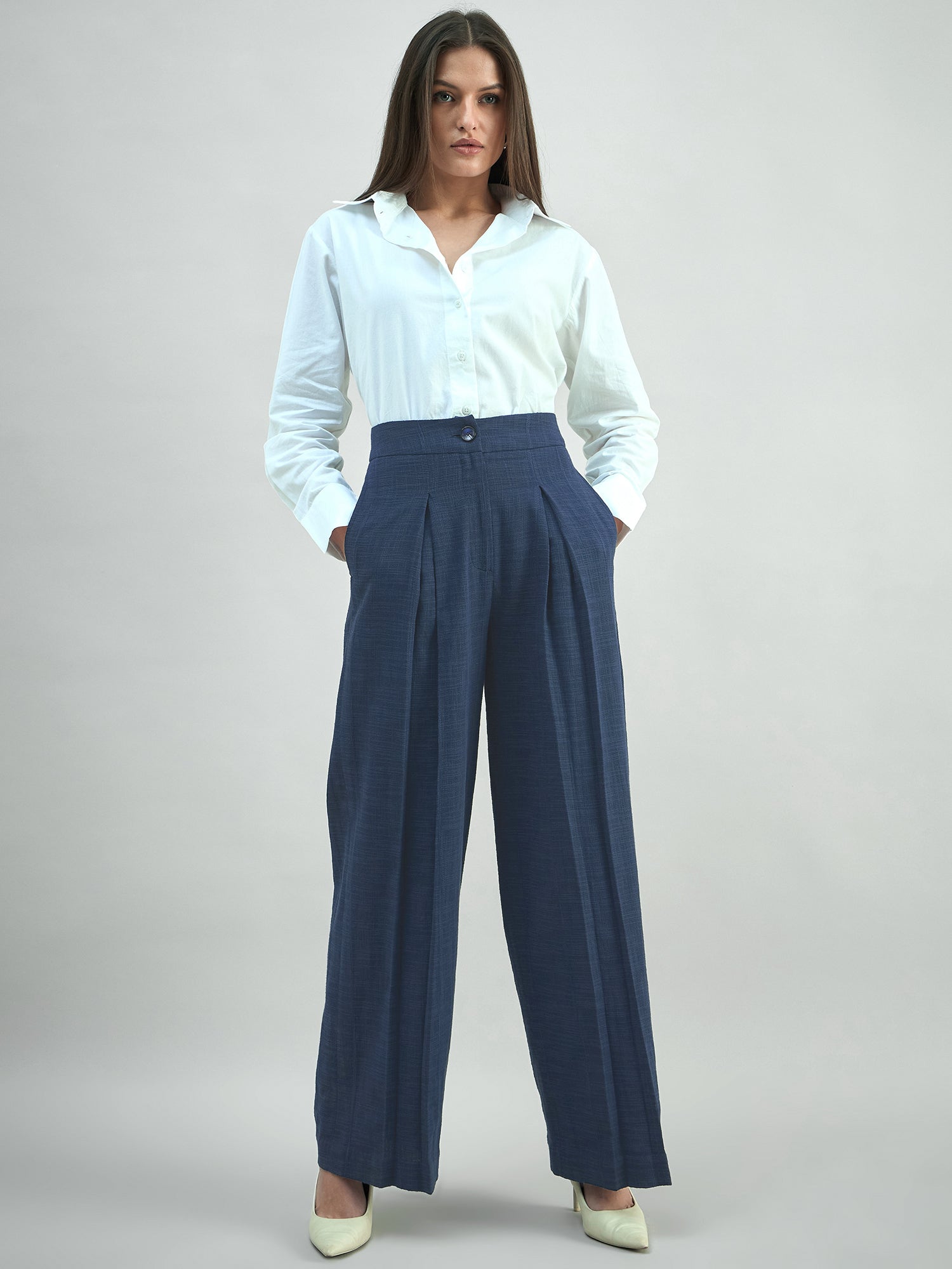 Women Blue High-Rise Pleated Trousers