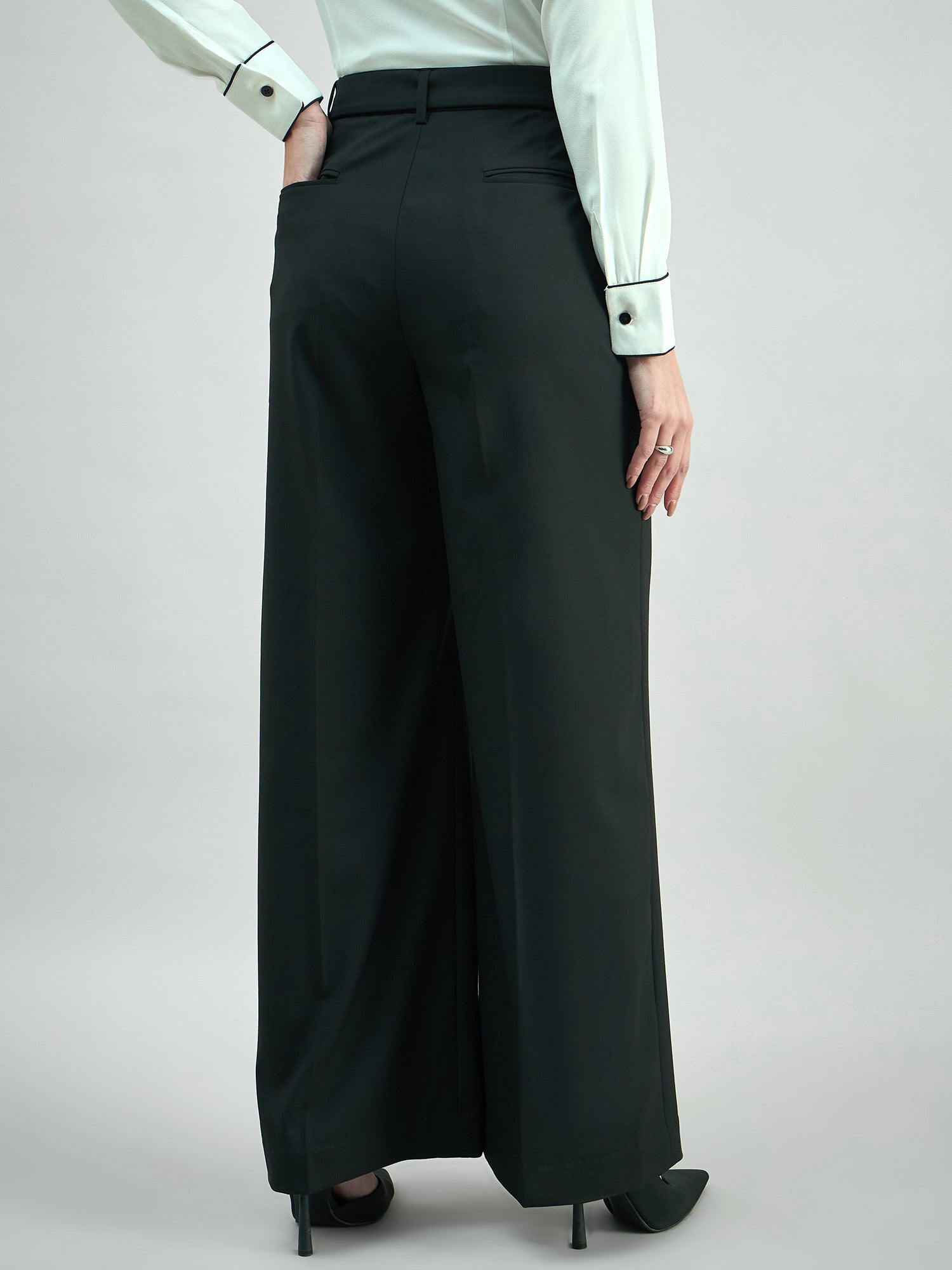 Women High Waist Belted Black Trouser In 4-Way Stretch