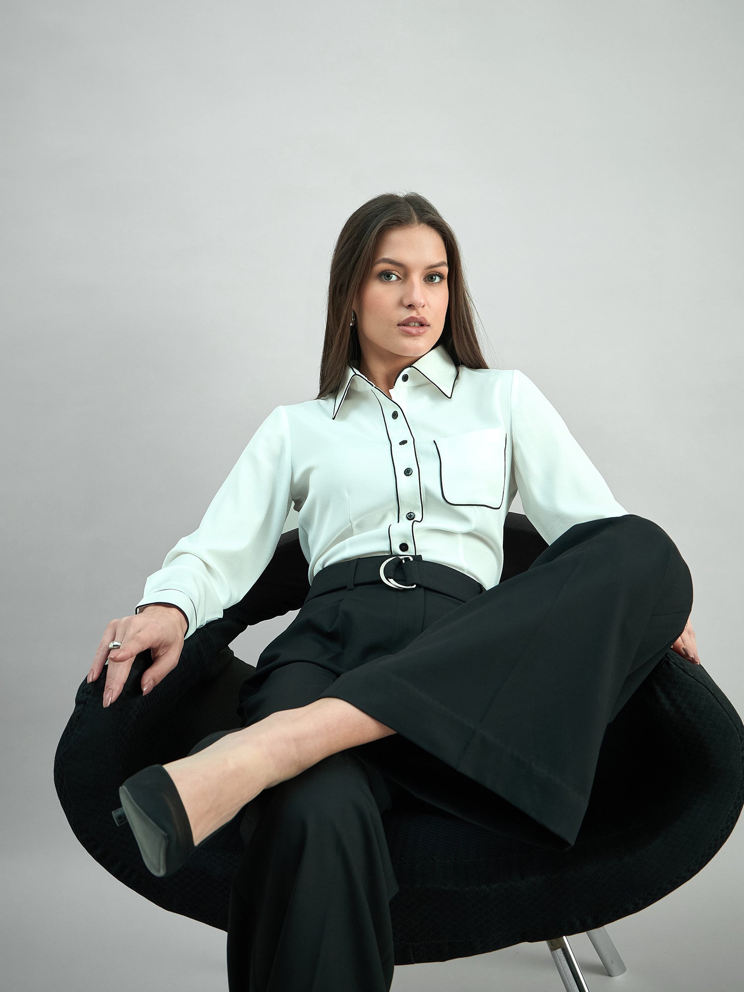 Women High Waist Belted Black Trouser In 4-Way Stretch