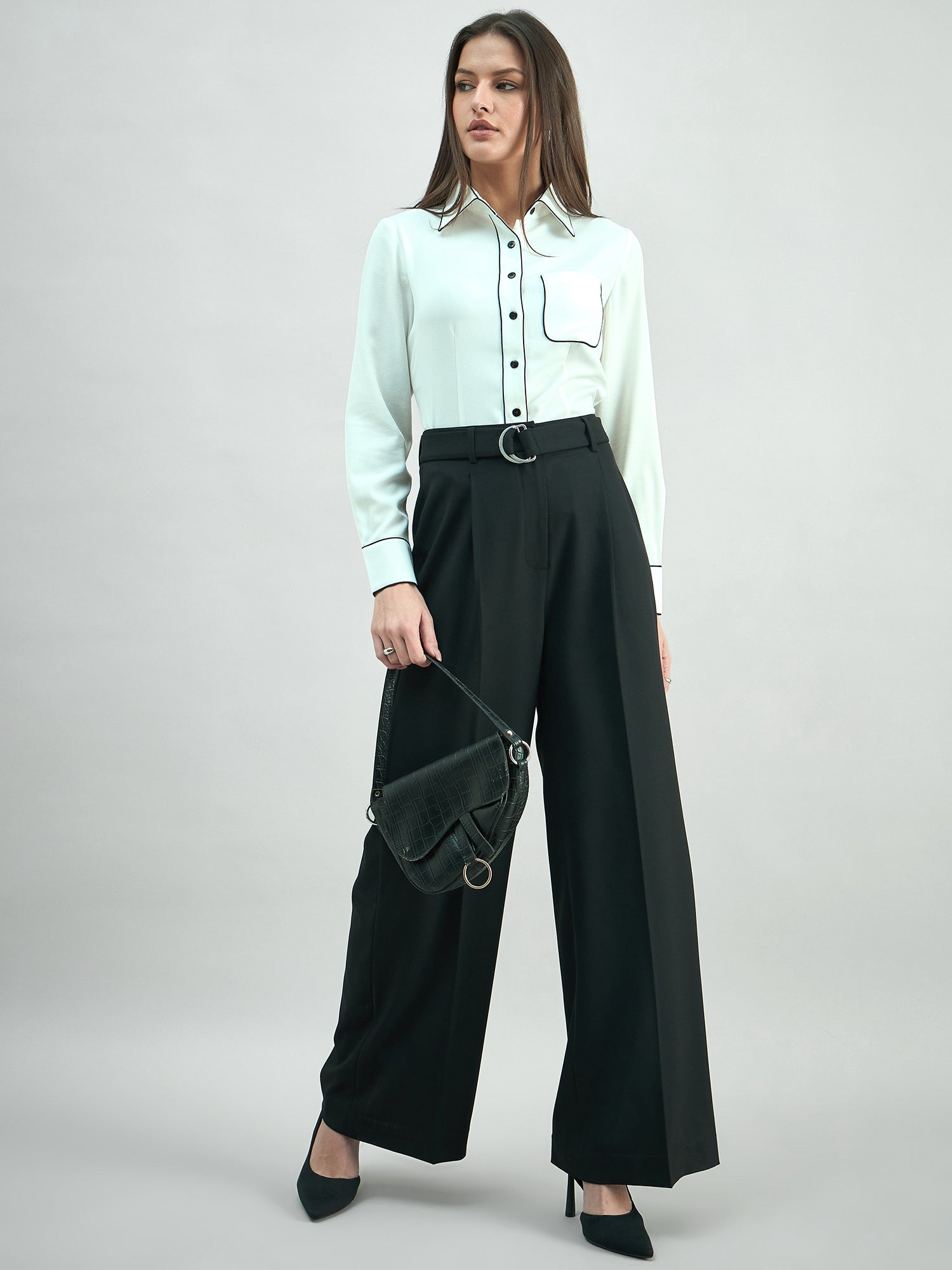 Women High Waist Belted Black Trouser In 4-Way Stretch
