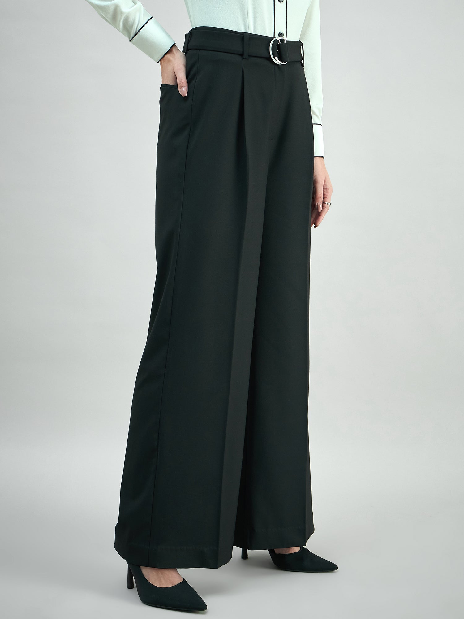 Women High Waist Belted Black Trouser In 4-Way Stretch