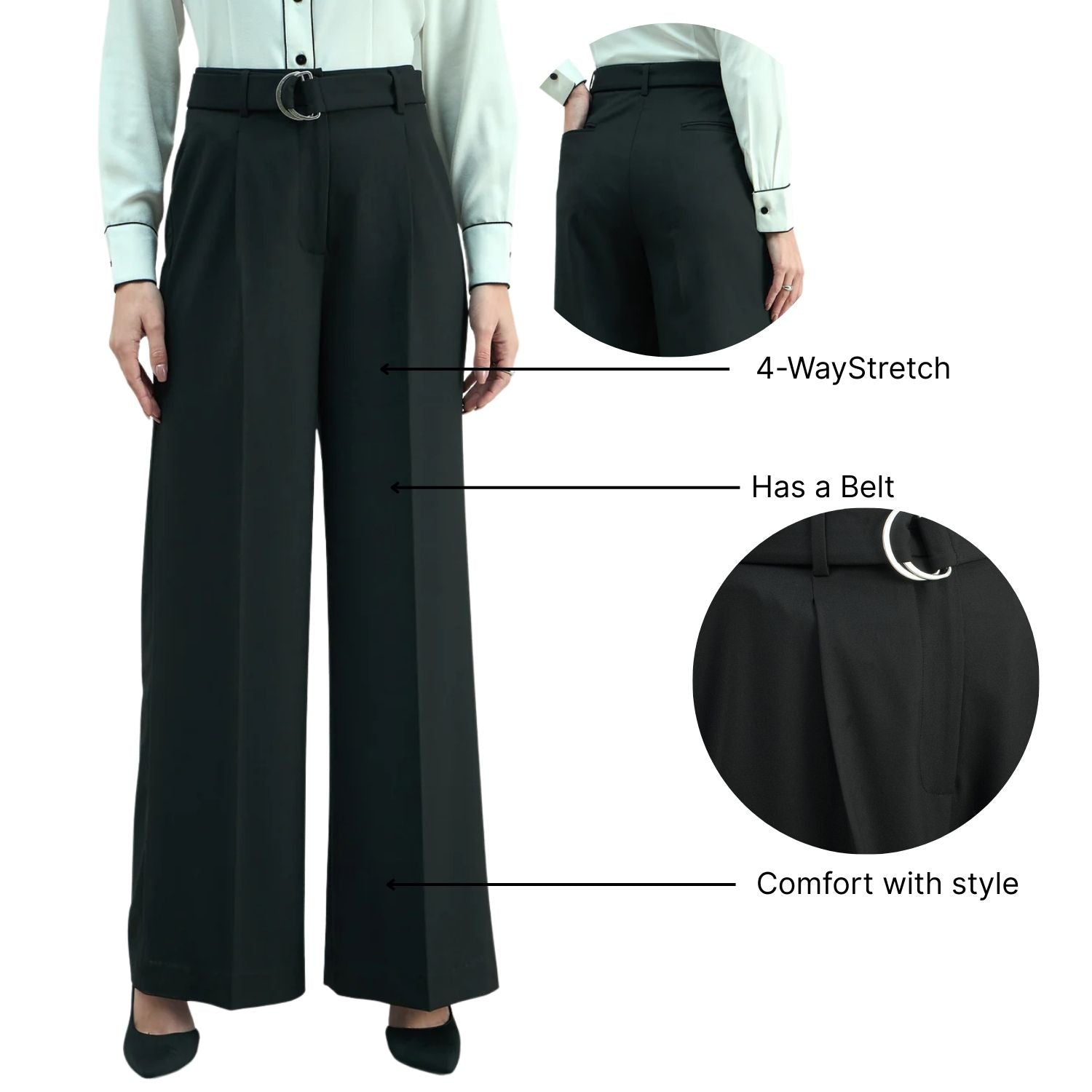 Women High Waist Belted Black Trouser In 4-Way Stretch