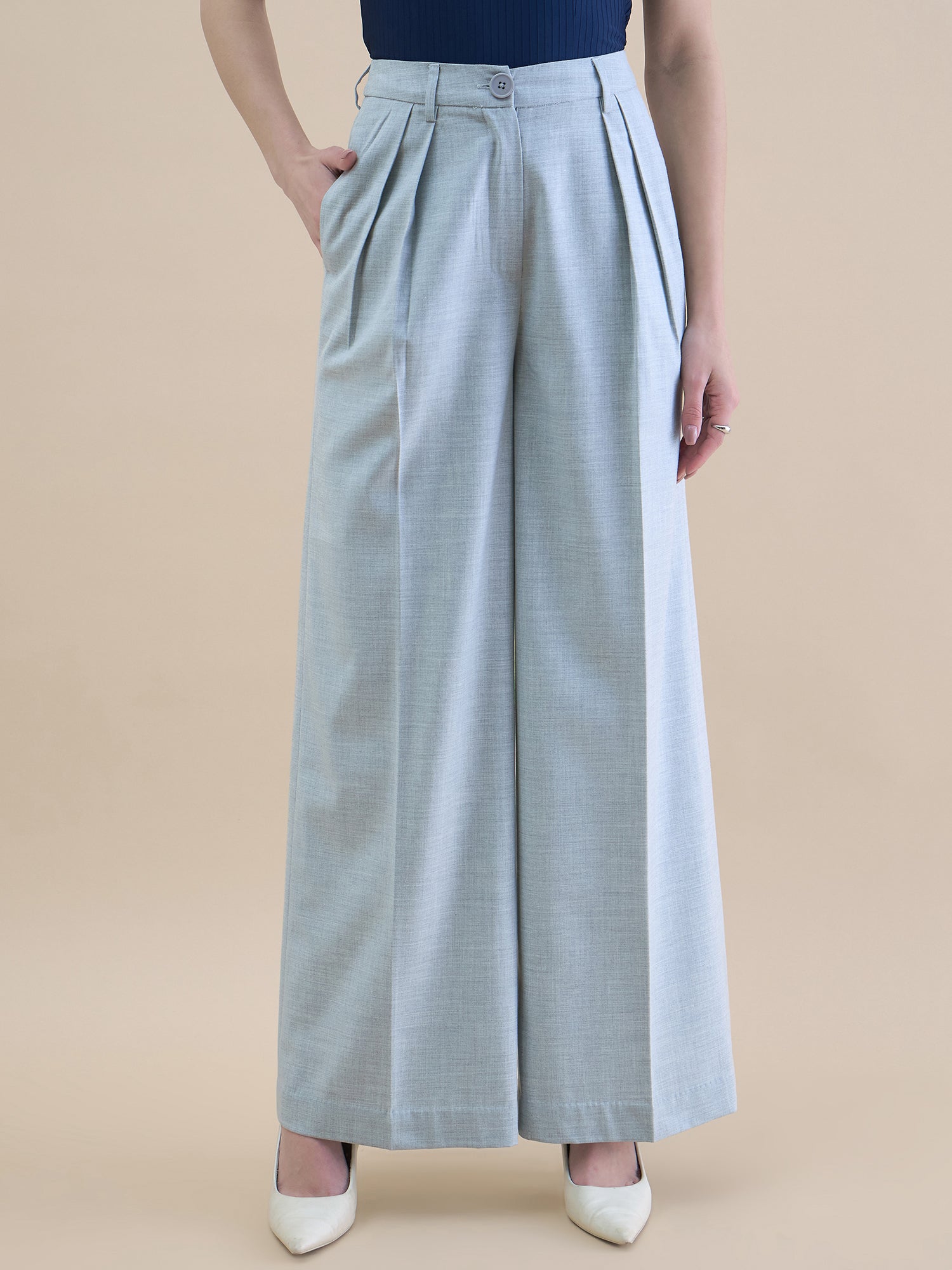 Women Textured Comfort Loose Fit High-Rise Easy Wash Pleated Trousers