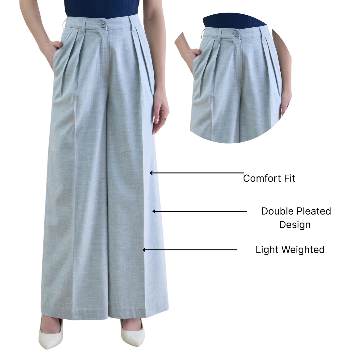 Women High Waist Pleated Loose-Fit Straight Cut Solid Grey Trouser