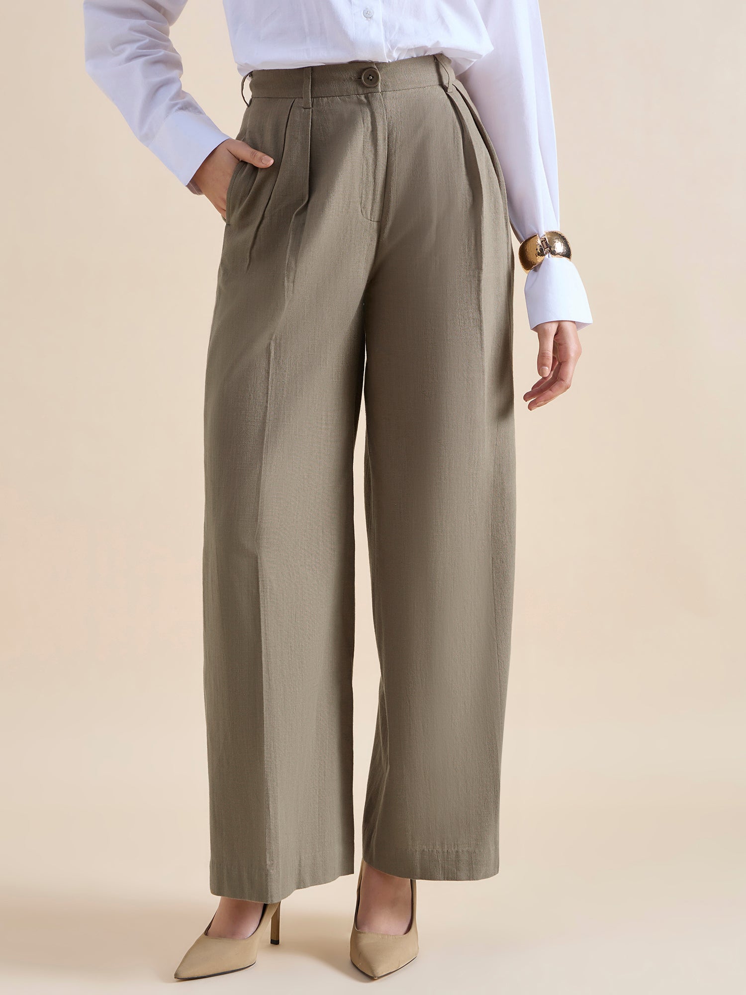 Women Cotton Pleated Loose-Fit Formal Trouser