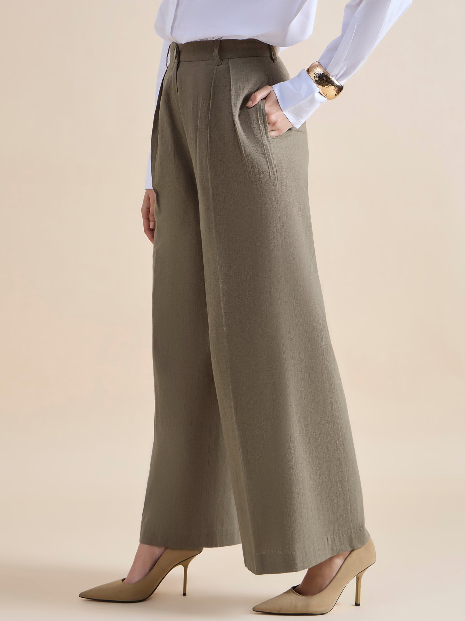 Women Beige Green Cotton Pleated High Rise Loose-Fit Formal Trouser