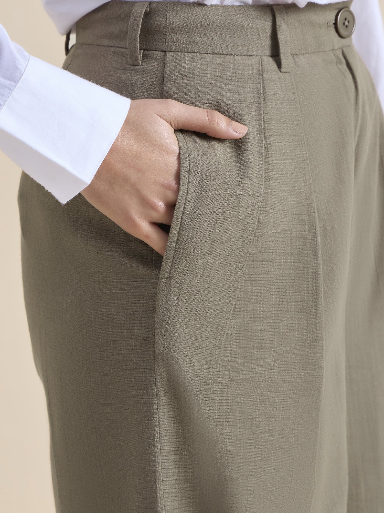 Women Cotton Pleated Loose-Fit Formal Trouser