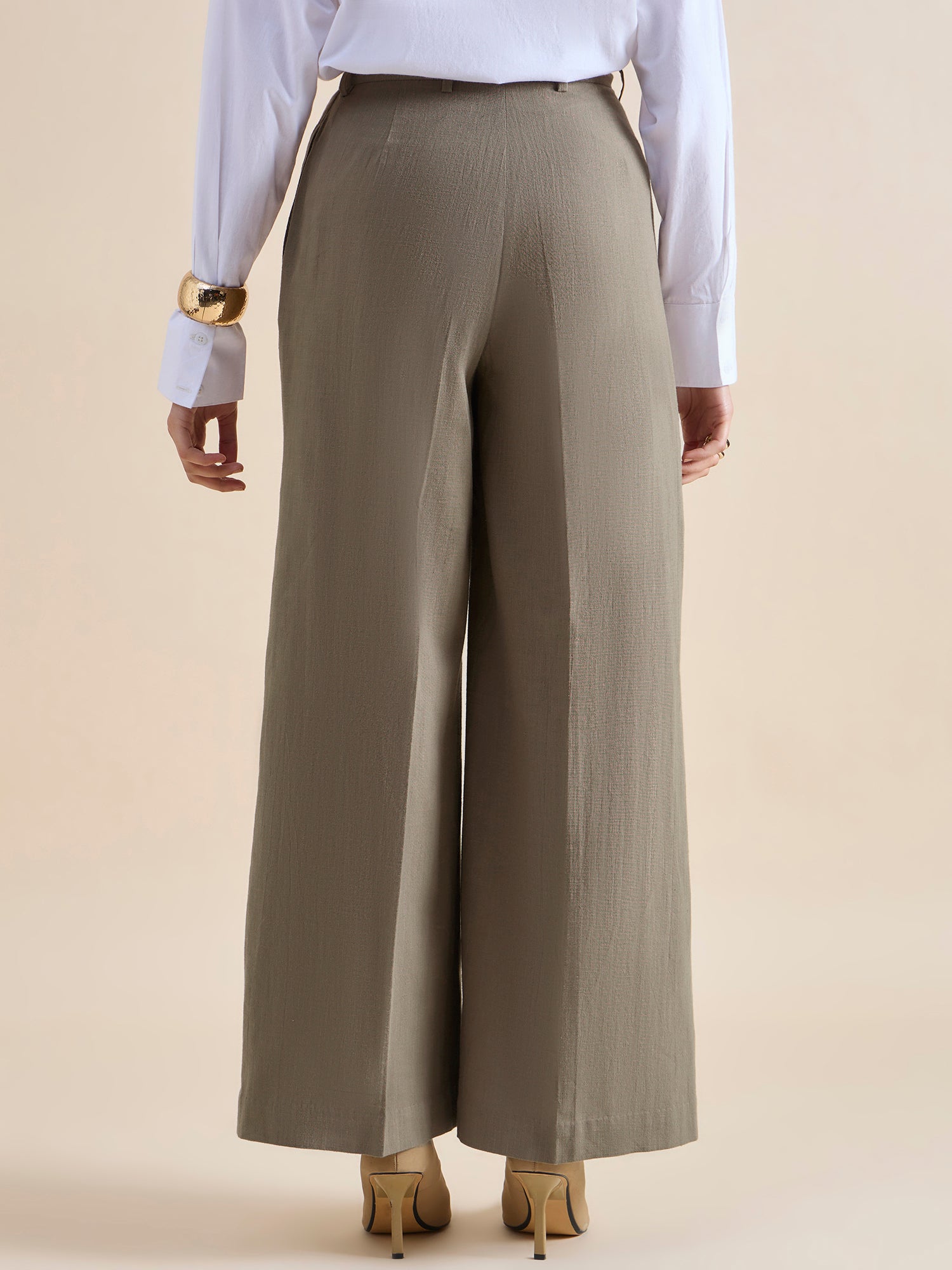 Women Cotton Pleated Loose-Fit Formal Trouser