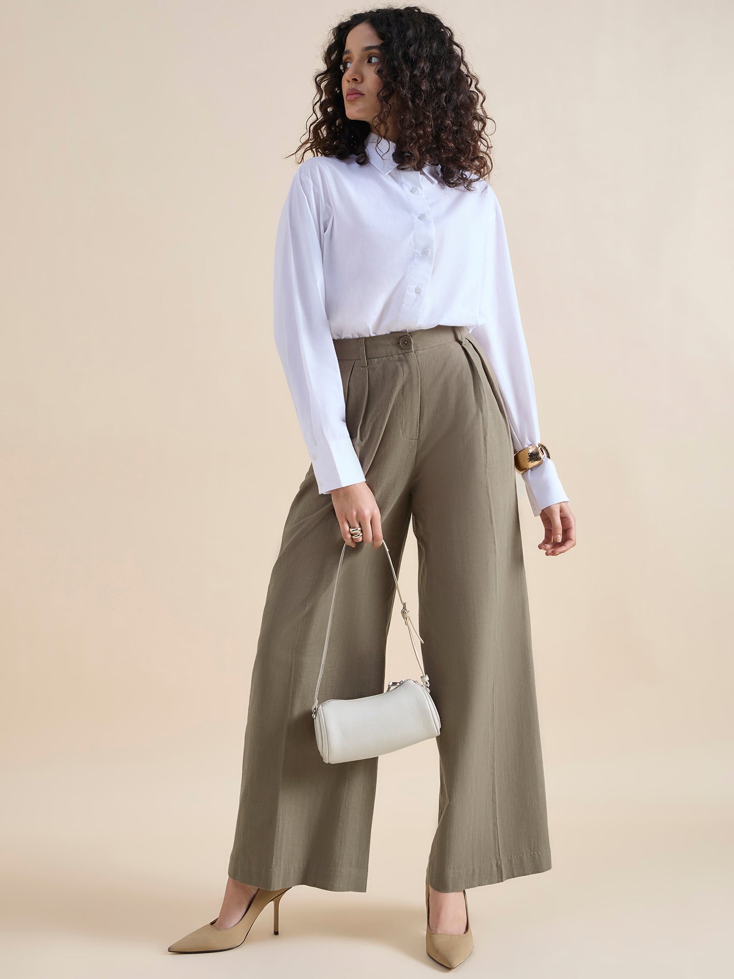 Women Cotton Pleated Loose-Fit Formal Trouser