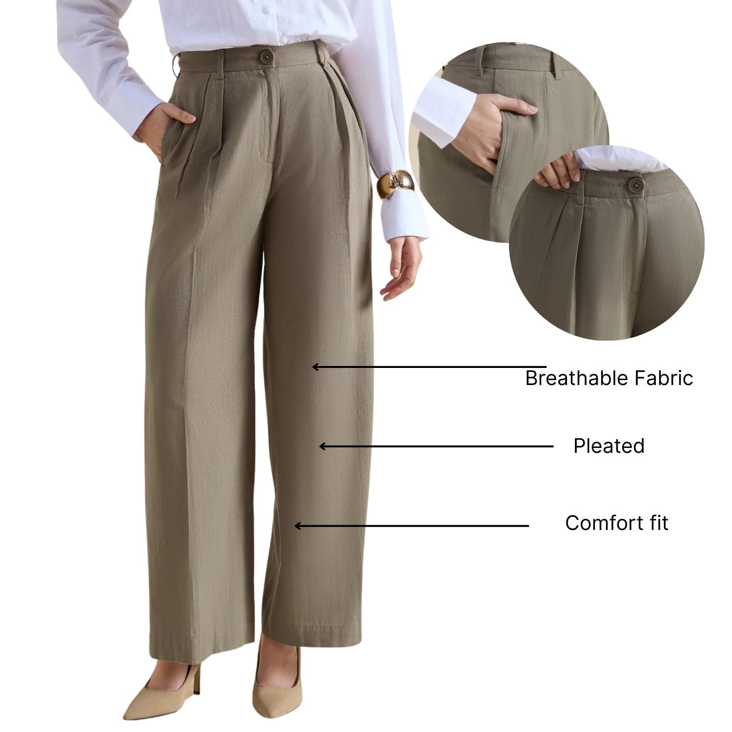Women Cotton Pleated Loose-Fit Formal Trouser