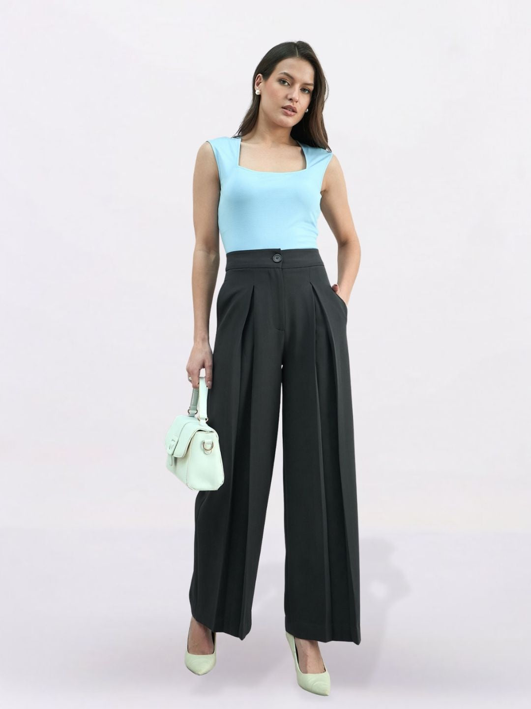 Women Dark Grey Loose Fit High-Rise Pleated Trousers