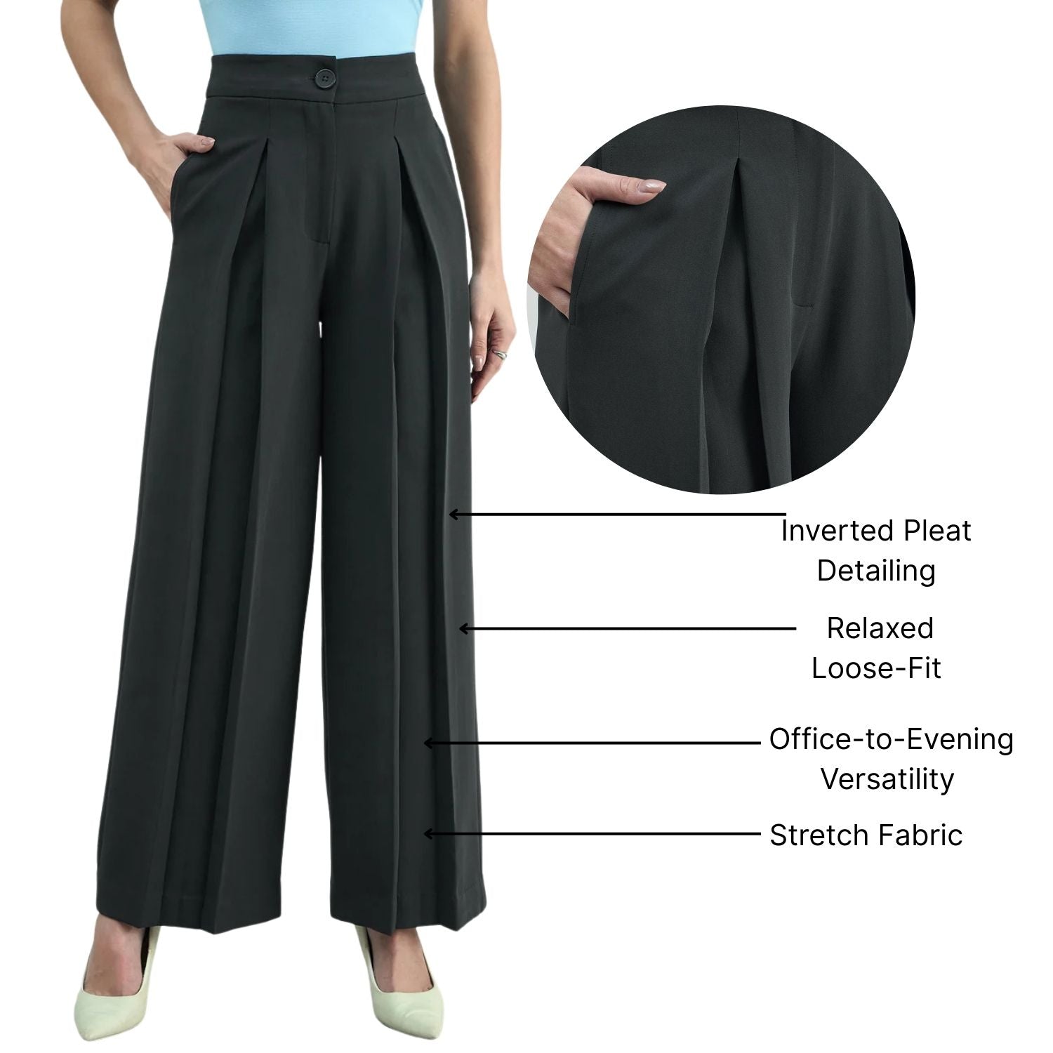 Women Comfort Loose Fit High-Rise Easy Wash Pleated Trousers