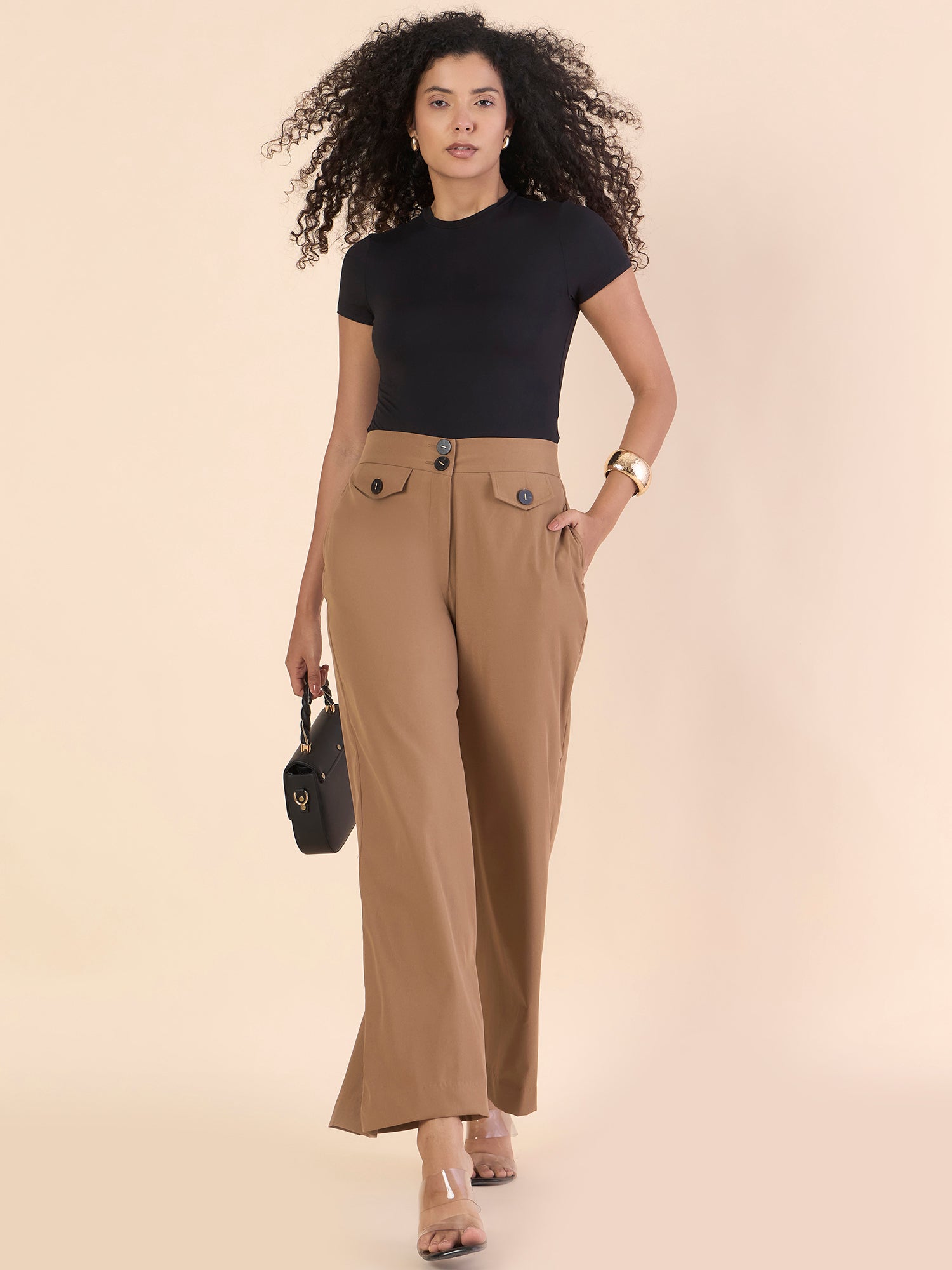 Camel Brown Front Flap High-Waisted Straight Fit Trouser
