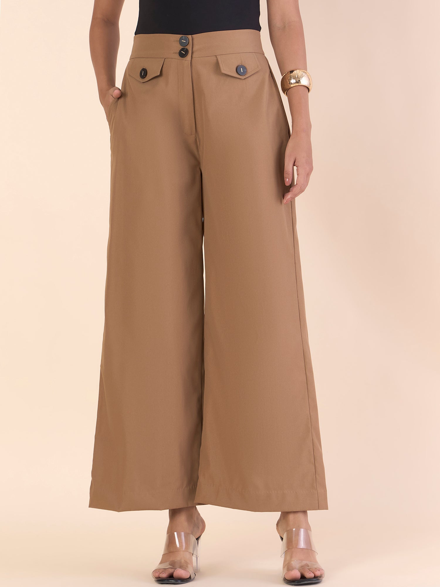 Camel Brown Front Flap High-Waisted Straight Fit Trouser