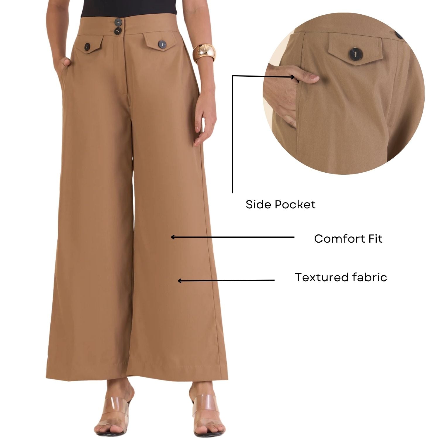 Camel Brown Front Flap High-Waisted Straight Fit Trouser