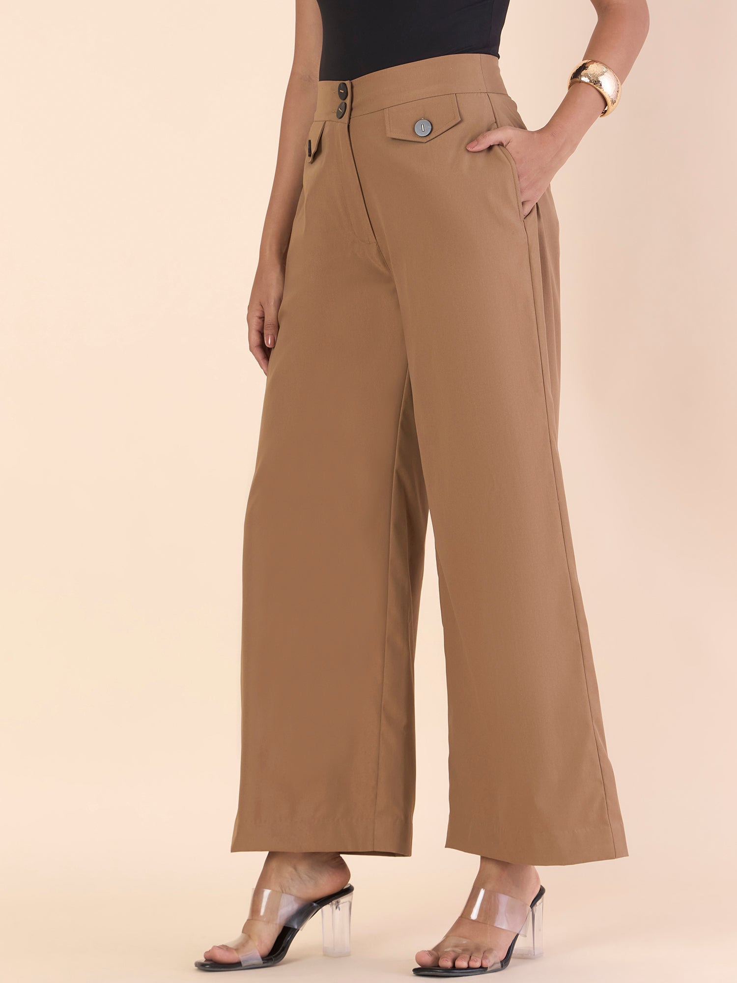 Camel Brown Front Flap High-Waisted Straight Fit Trouser