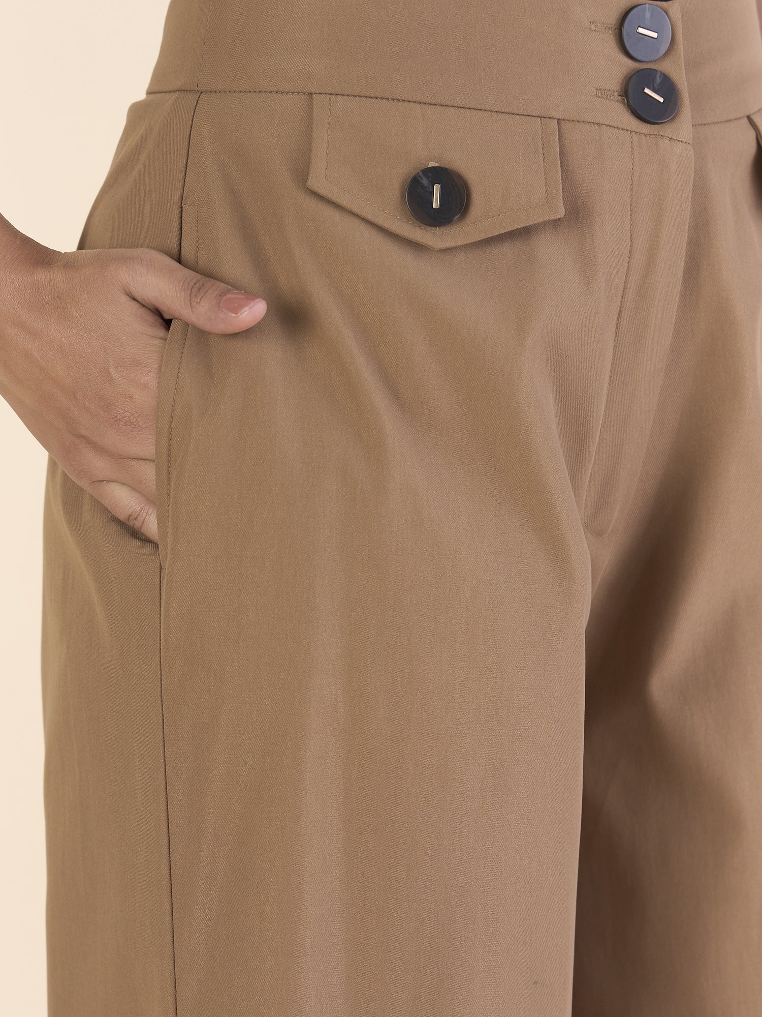Camel Brown Front Flap High-Waisted Straight Fit Trouser