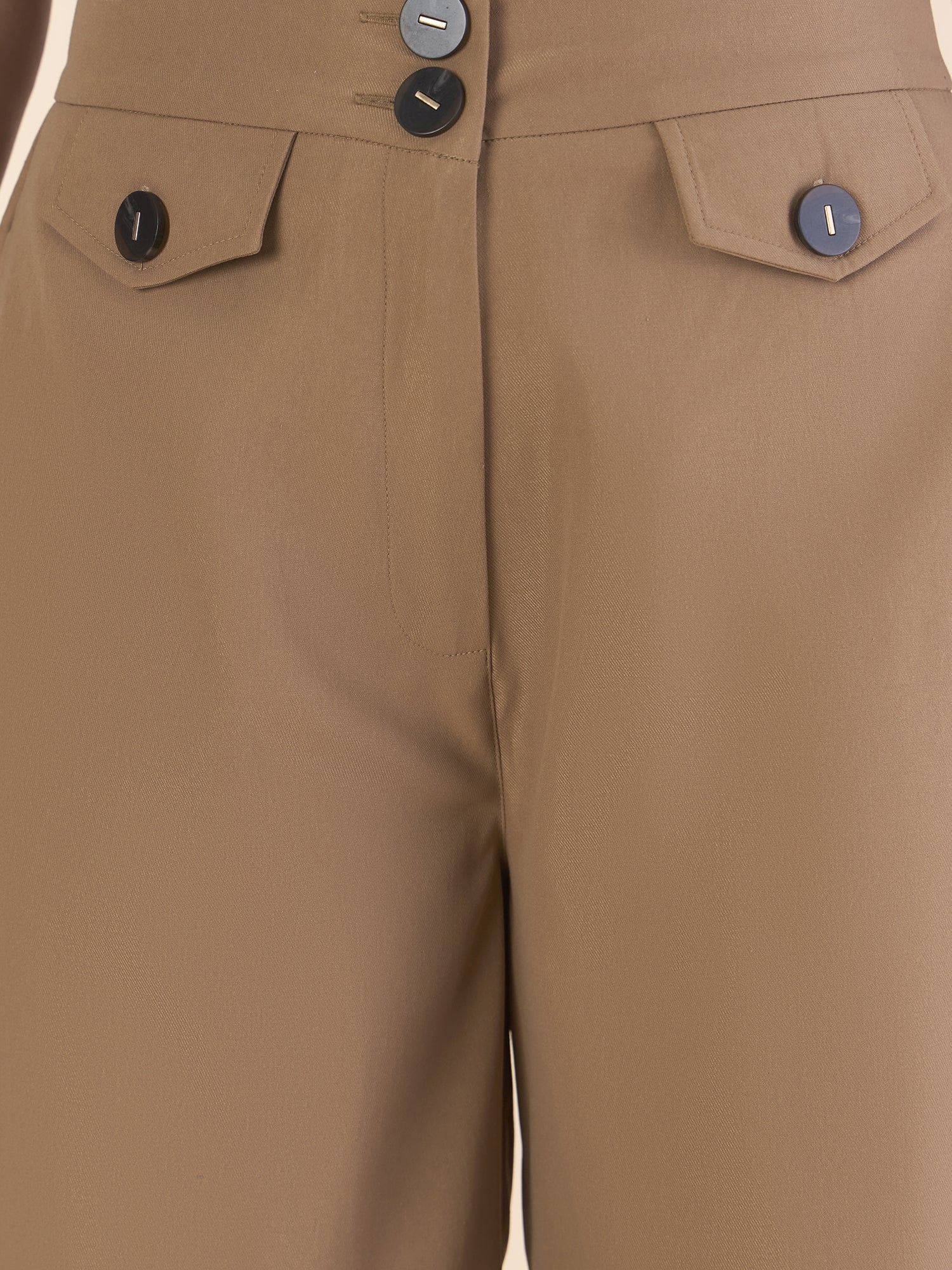 Camel Brown Front Flap High-Waisted Straight Fit Trouser