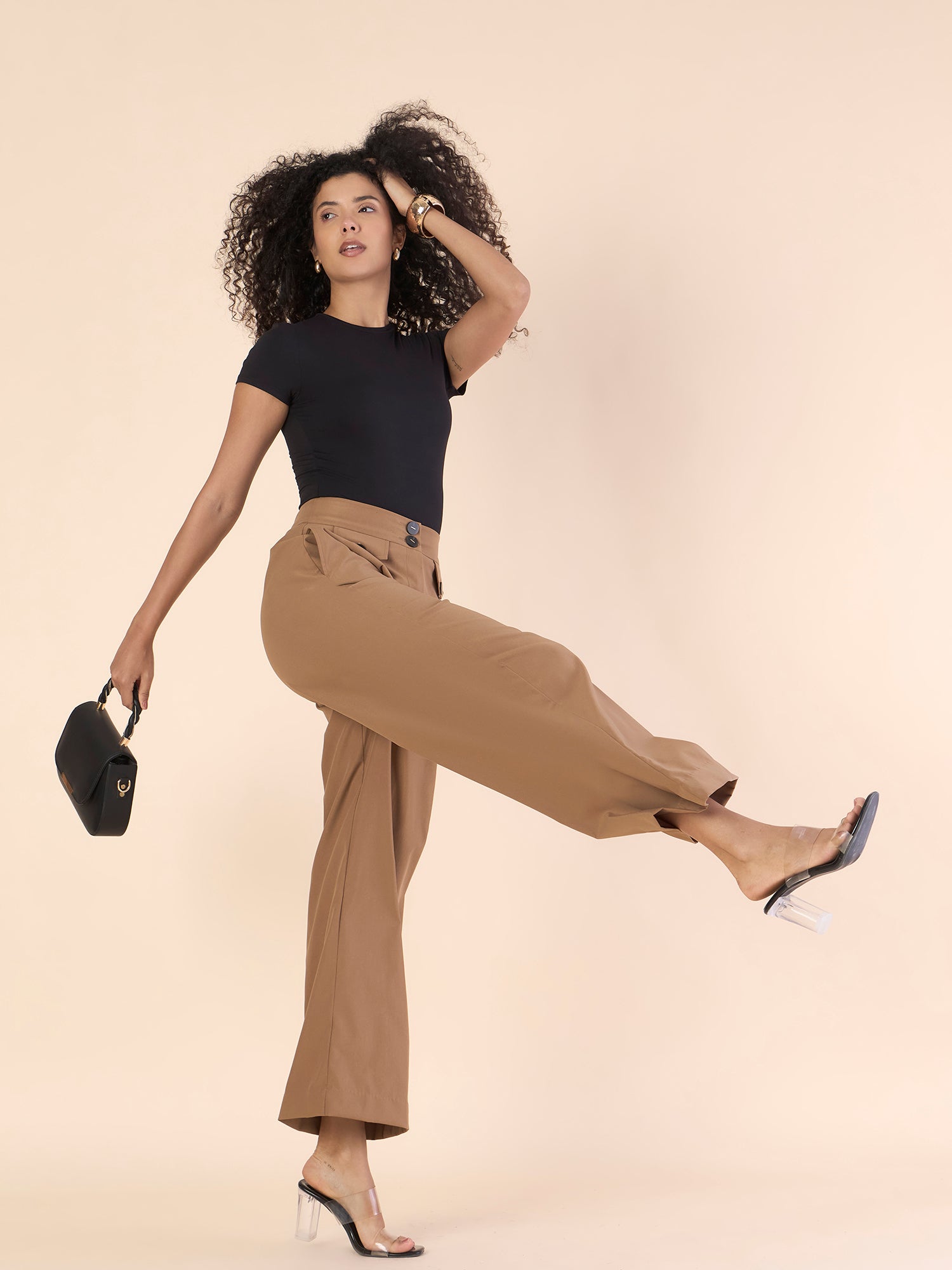Camel Brown Front Flap High-Waisted Straight Fit Trouser