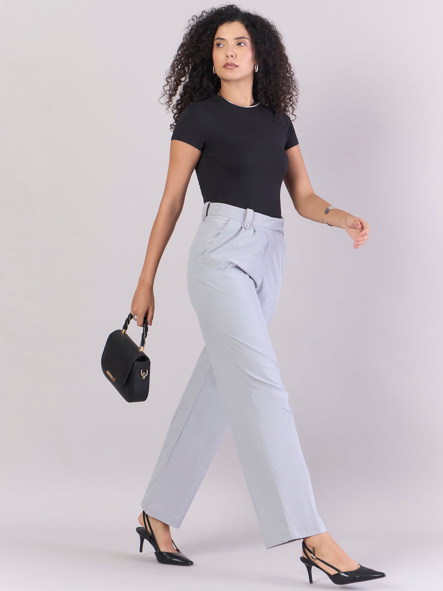 Women Light Grey High Waist Pleated Trouser