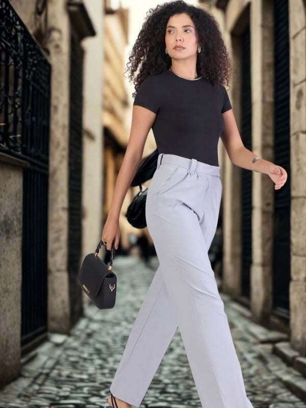 Women Comfort Straight Fit High-Rise Easy Wash Pleated Formal Trousers