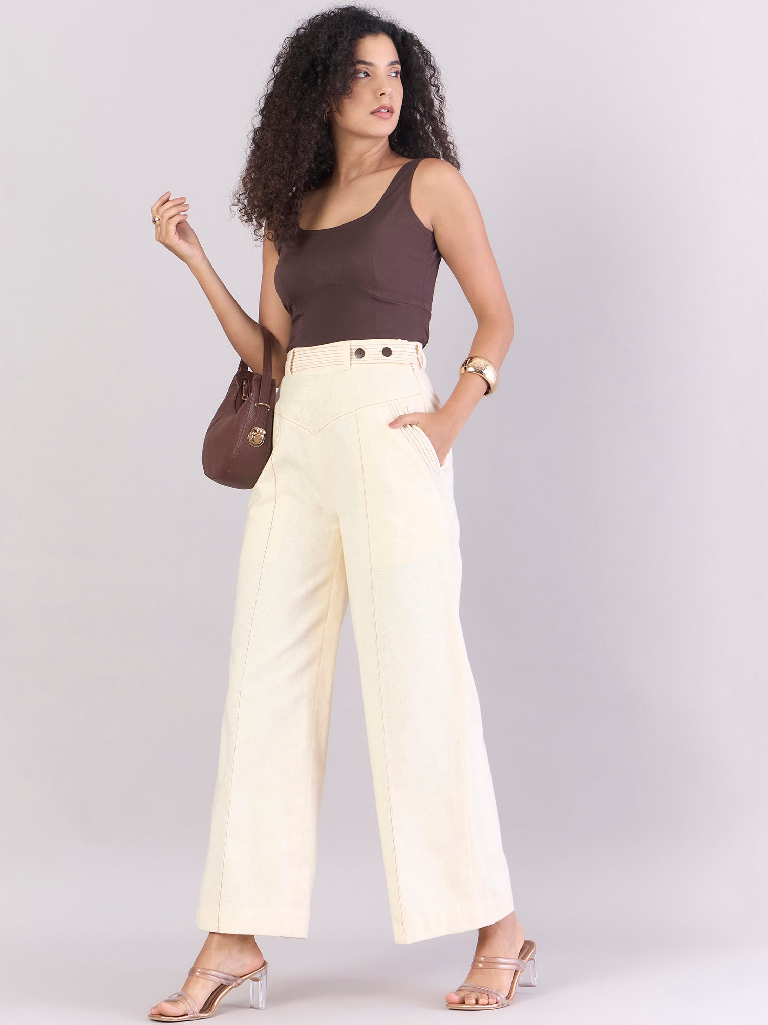 Women Cream StitchCrafted Loose Yoke Trouser With Detachable Belt