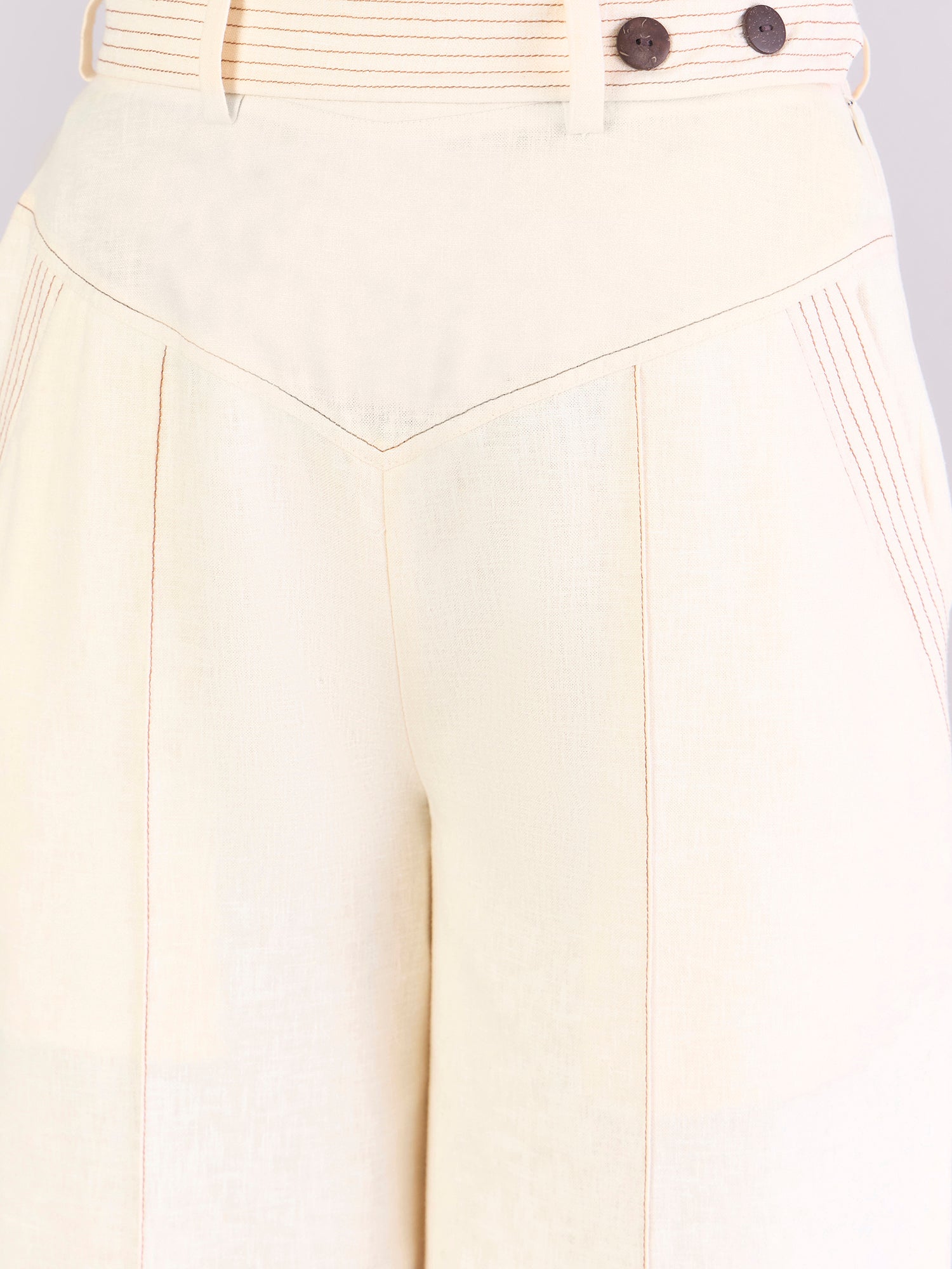 Women Cream StitchCrafted Loose Yoke Trouser With Detachable Belt