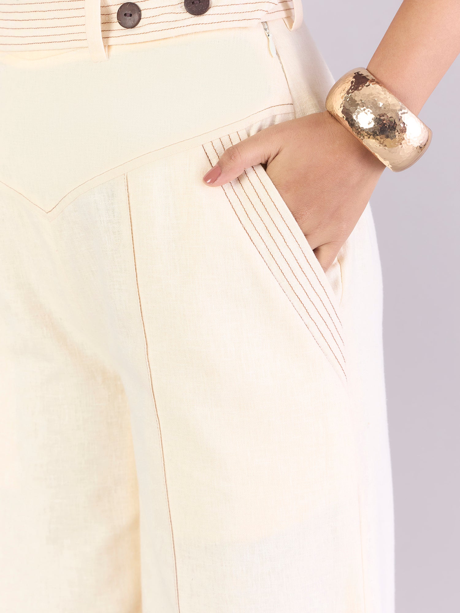 Women Cream StitchCrafted Loose Yoke Trouser With Detachable Belt