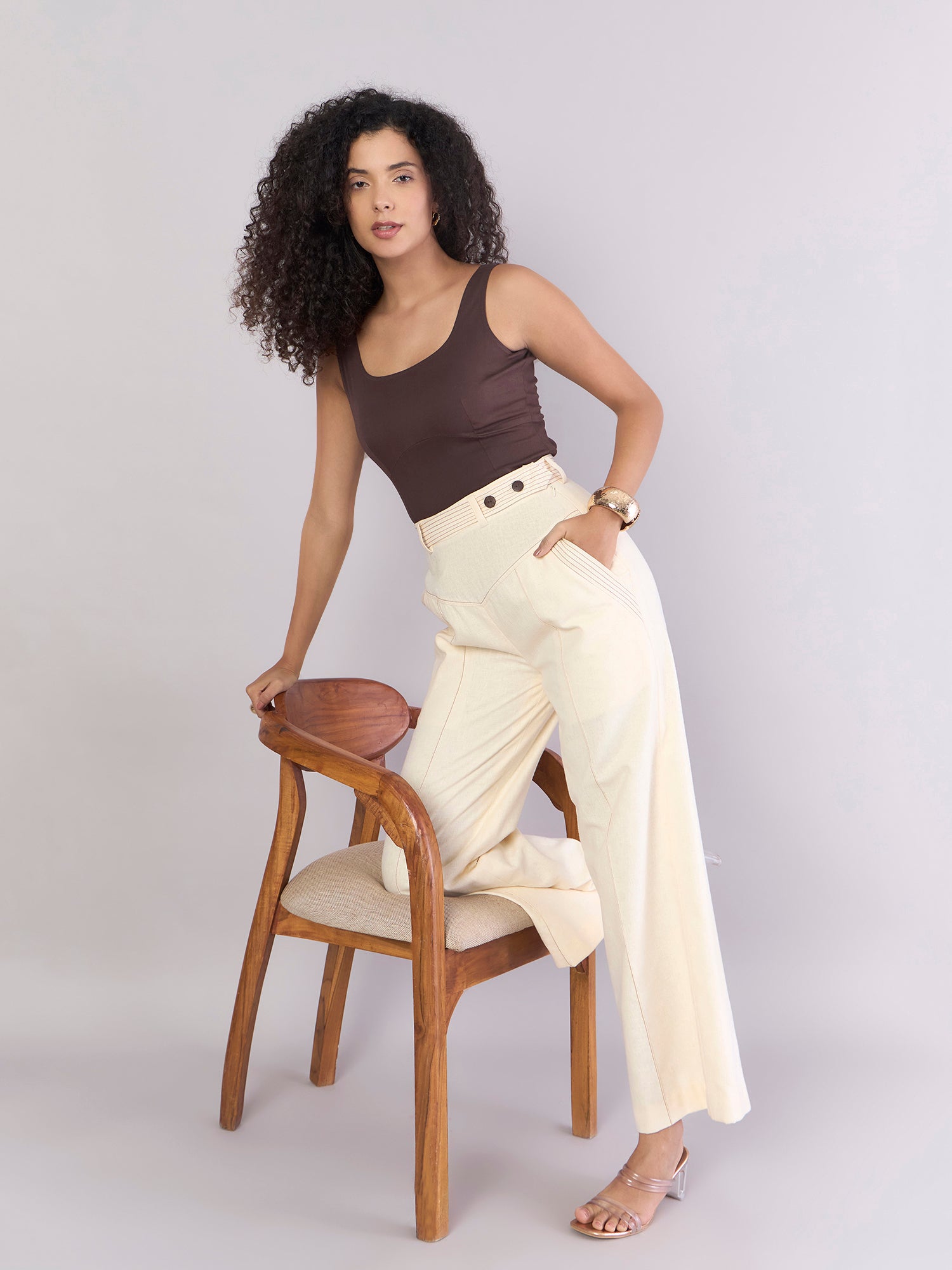 Women Cream StitchCrafted Loose Yoke Trouser With Detachable Belt