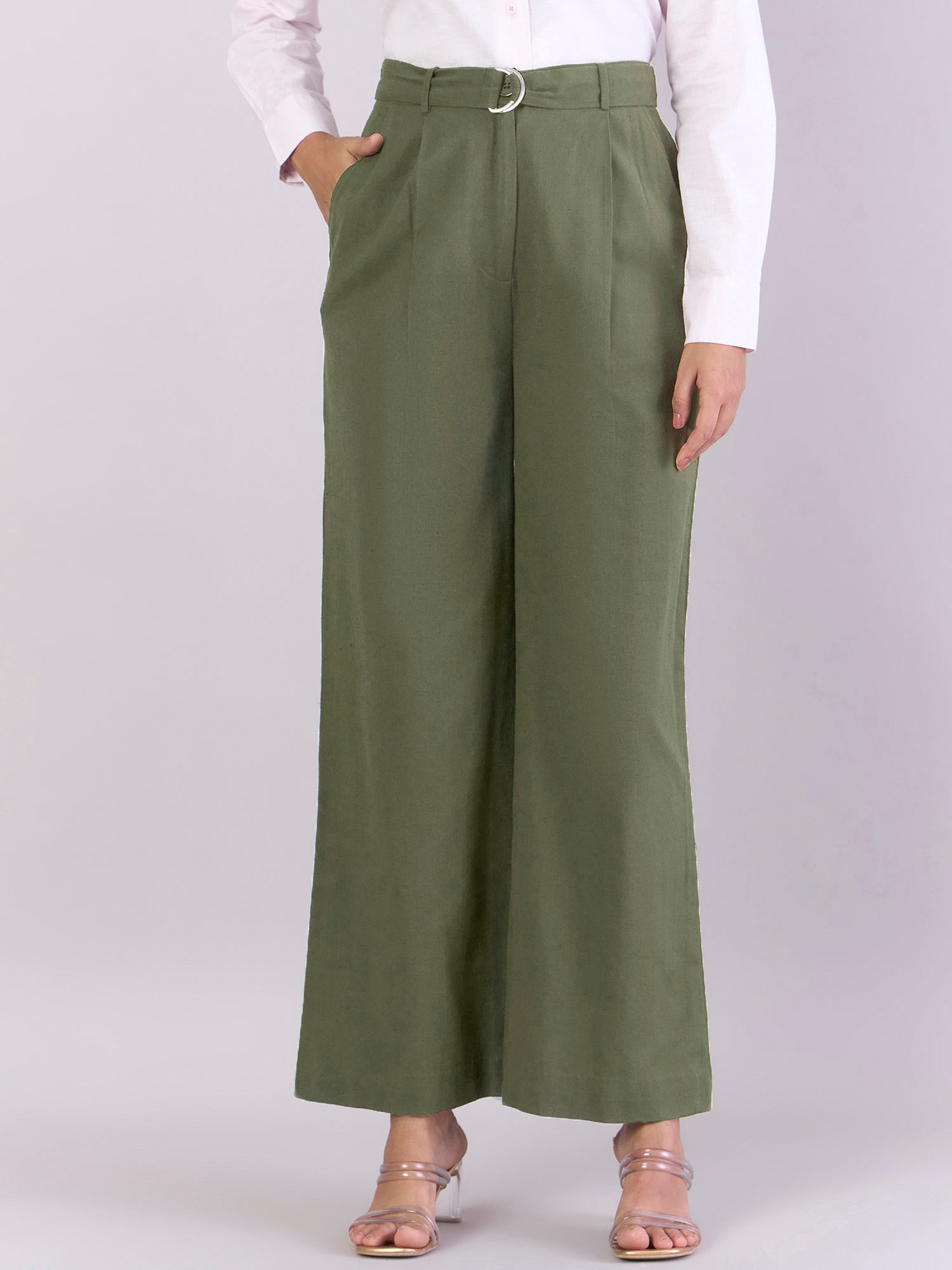 Women Dark Green Pleated loose fit High-Waist trouser with detachable D-ring belt